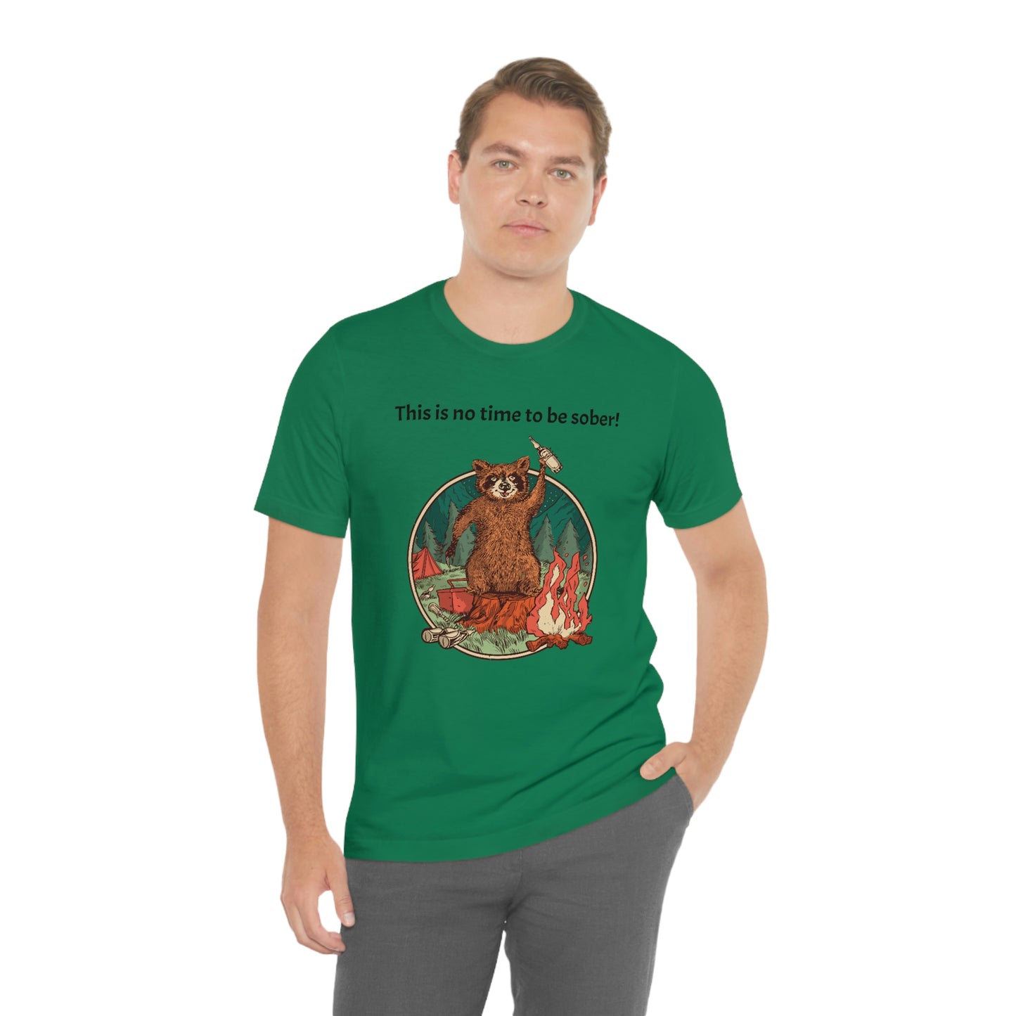 The Outdoor POD Store. This is no time to be sober raccoon campfire T-shirt. Kelly Green