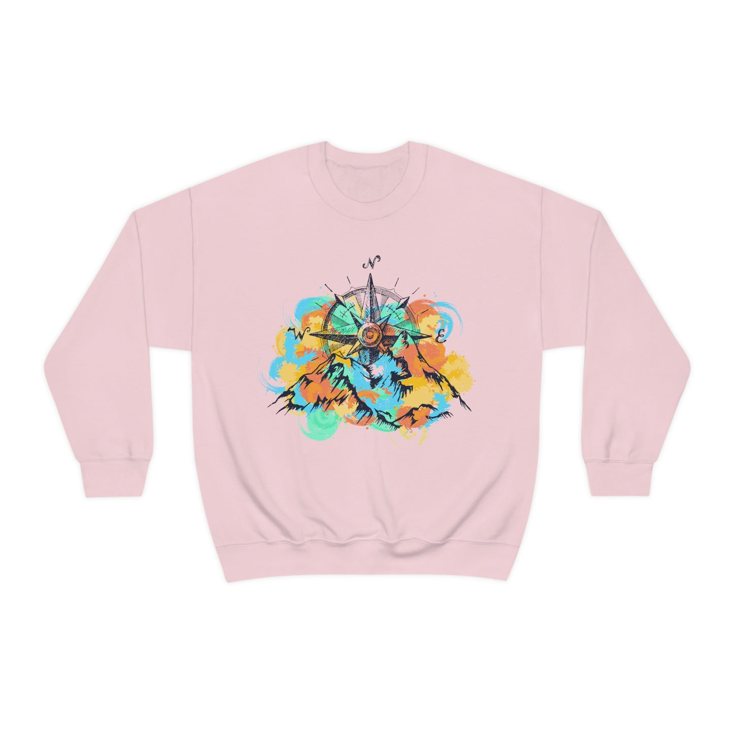 Light pink Camping Sweater. Pastel color mountains and compass light pink sweater