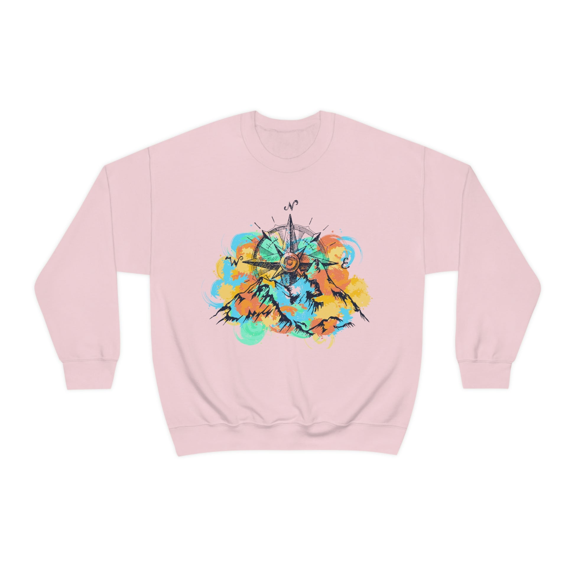 Light pink Camping Sweater. Pastel color mountains and compass light pink sweater