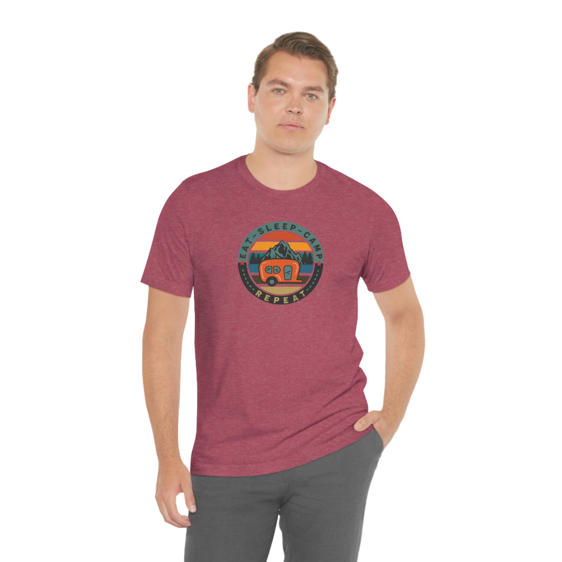 The Outdoor POD Store: Vintage Camping Tee - Eat, Sleep, Camp, Repeat. Heather Raspberry