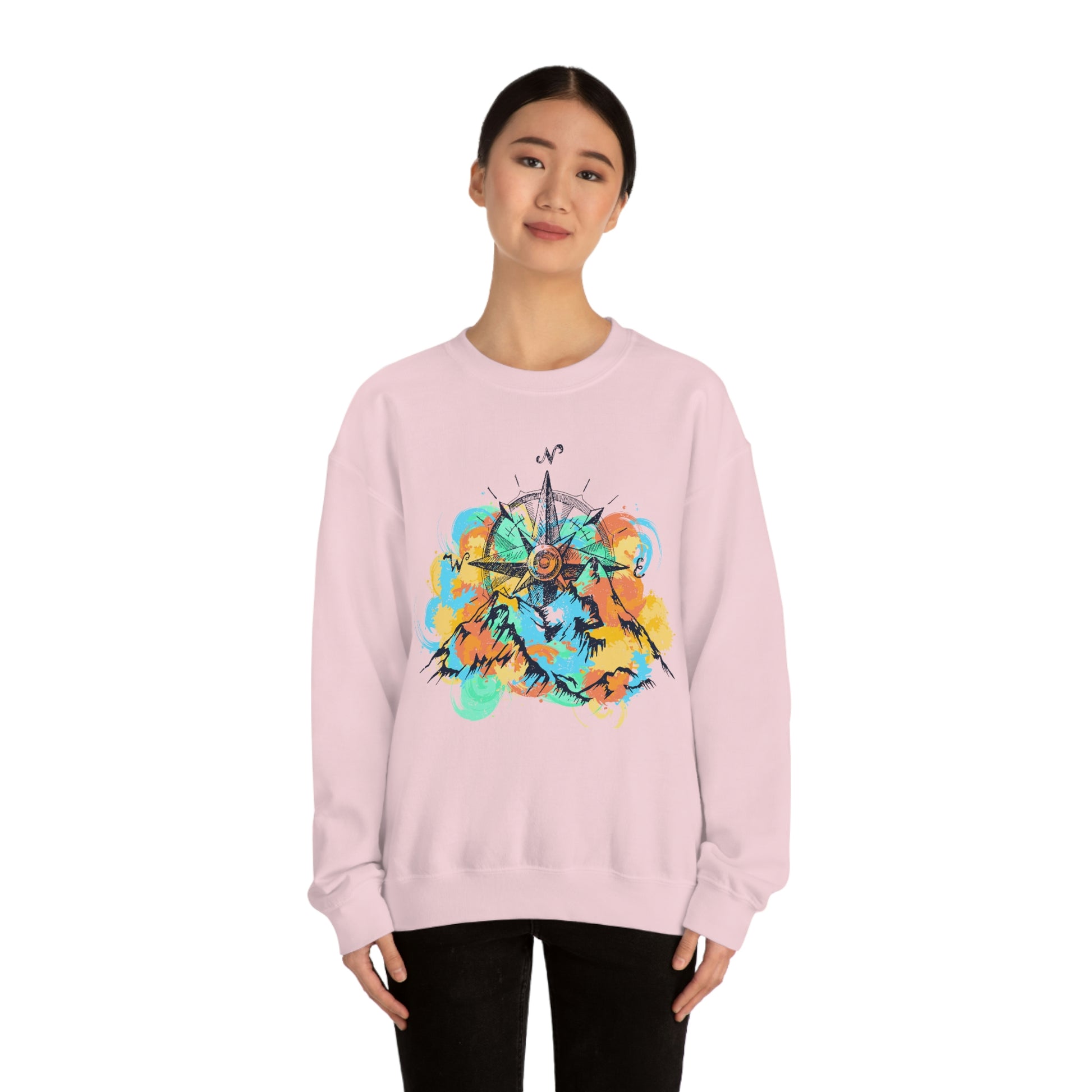 Light pink Camping Sweater. Pastel color mountains and compass light pink sweater