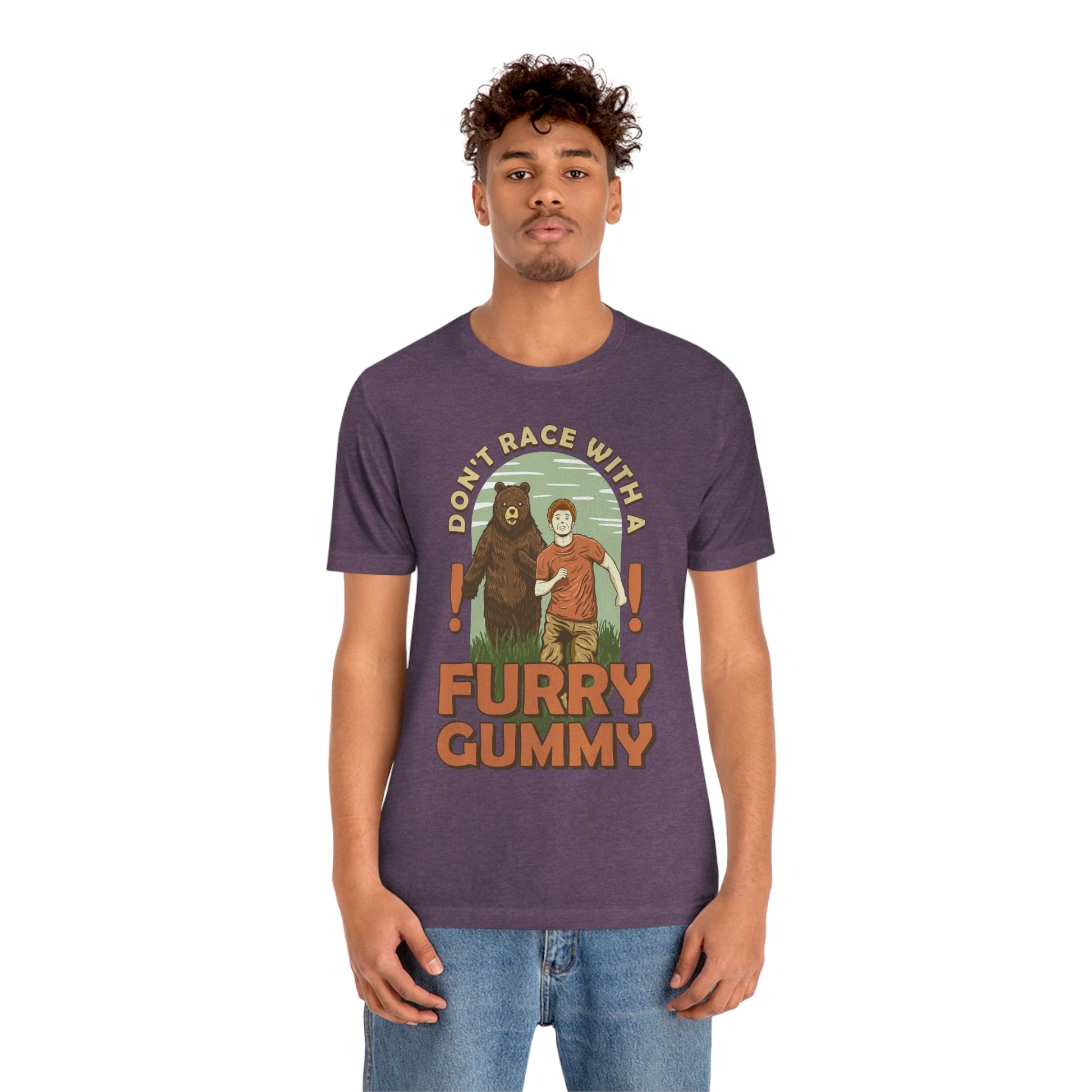 The Outdoor POD Store Funny Animal Meme Tee Collection. Don't Race with a Furry Gummy Bear. Heather Team Purple