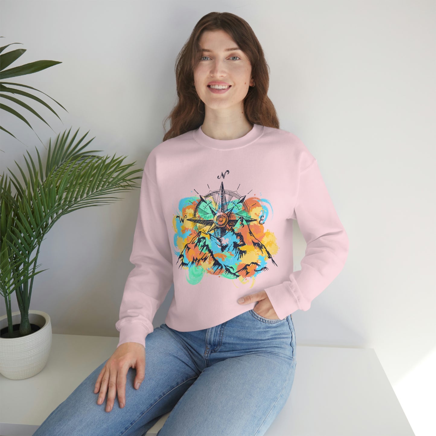 Light pink Camping Sweater. Pastel color mountains and compass light pink sweater