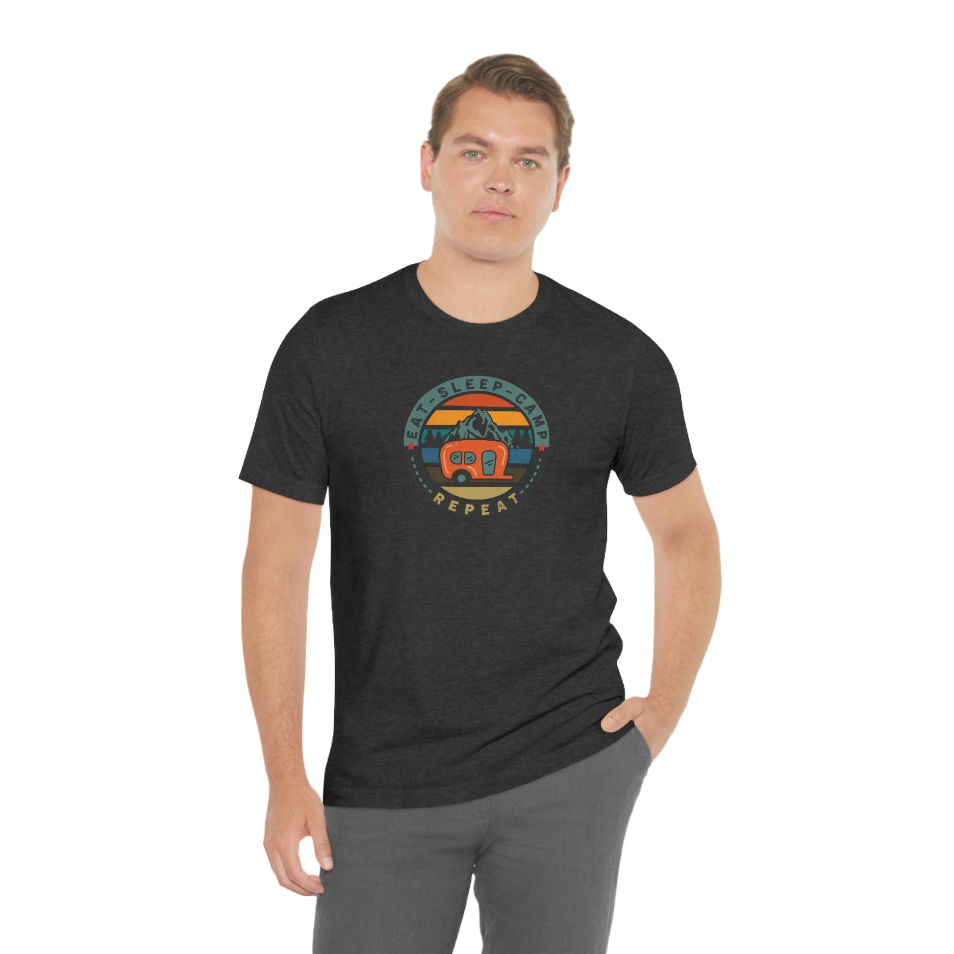 The Outdoor POD Store: Vintage Camping Tee - Eat, Sleep, Camp, Repeat. Dark Grey Heather