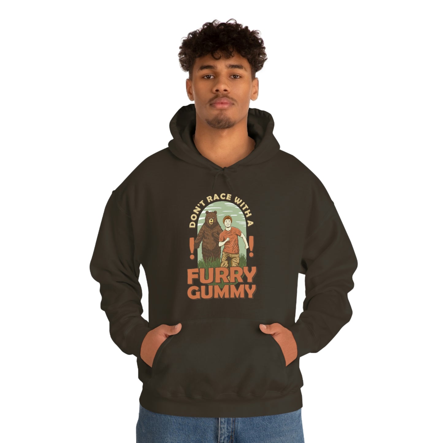 The Outdoor POD Store Funny Animal Meme Collection & Hoodie Collection. Don't Race with a Furry Gummy. Dark Chocolate