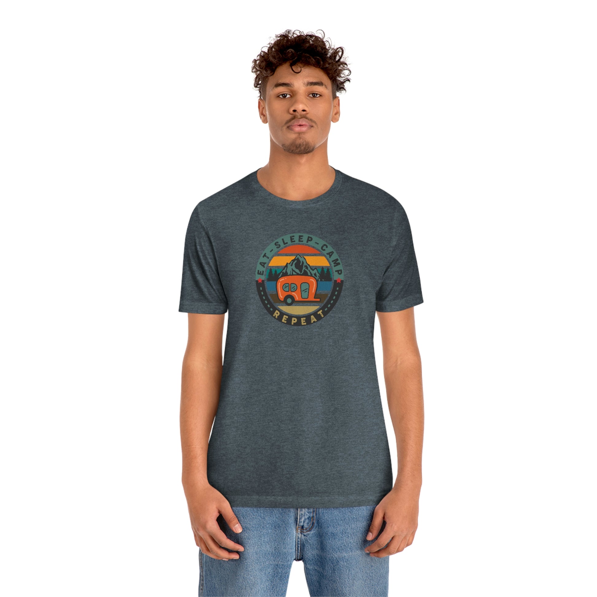 The Outdoor POD Store: Vintage Camping Tee - Eat, Sleep, Camp, Repeat. Heather Slate