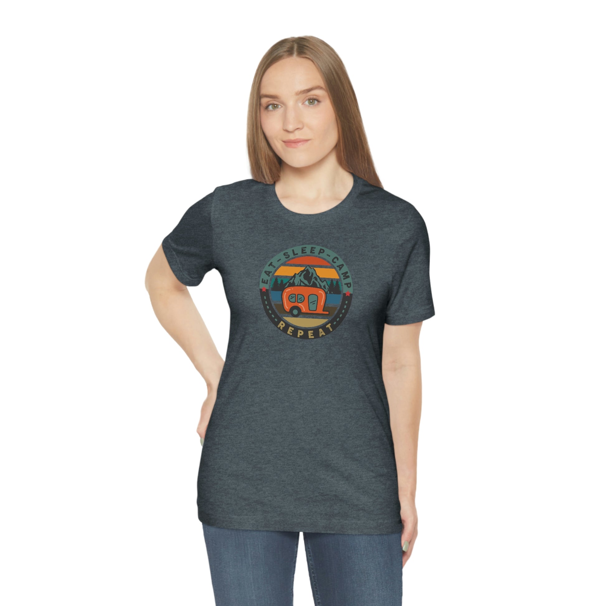 The Outdoor POD Store: Vintage Camping Tee - Eat, Sleep, Camp, Repeat. Heather Slate