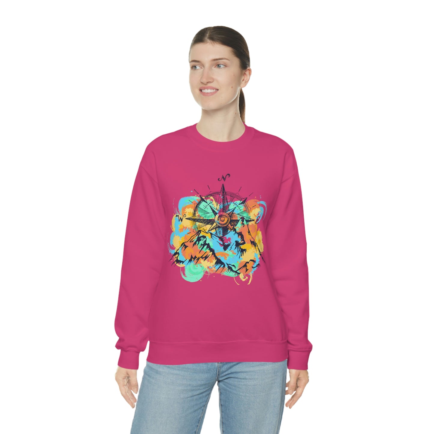 Pink Camping Sweater. Pastel color mountains and compass pink sweater