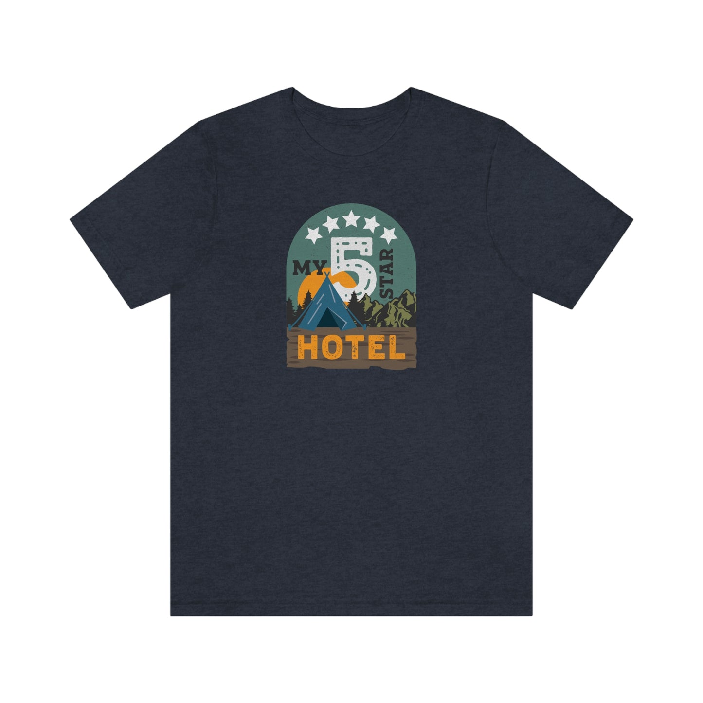 The Outdoor POD Store: Vintage Camping Tee - My Five Star Hotel is a Tent. Heather Navy Blue