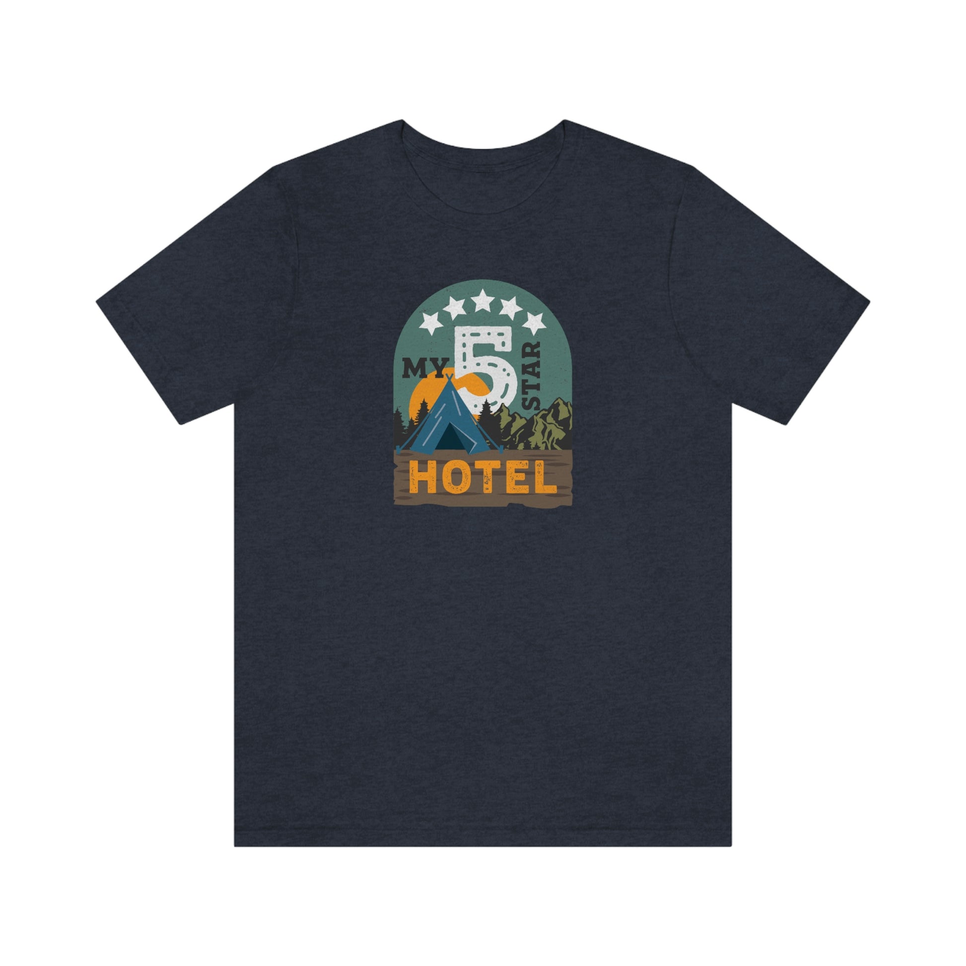 The Outdoor POD Store: Vintage Camping Tee - My Five Star Hotel is a Tent. Heather Navy Blue