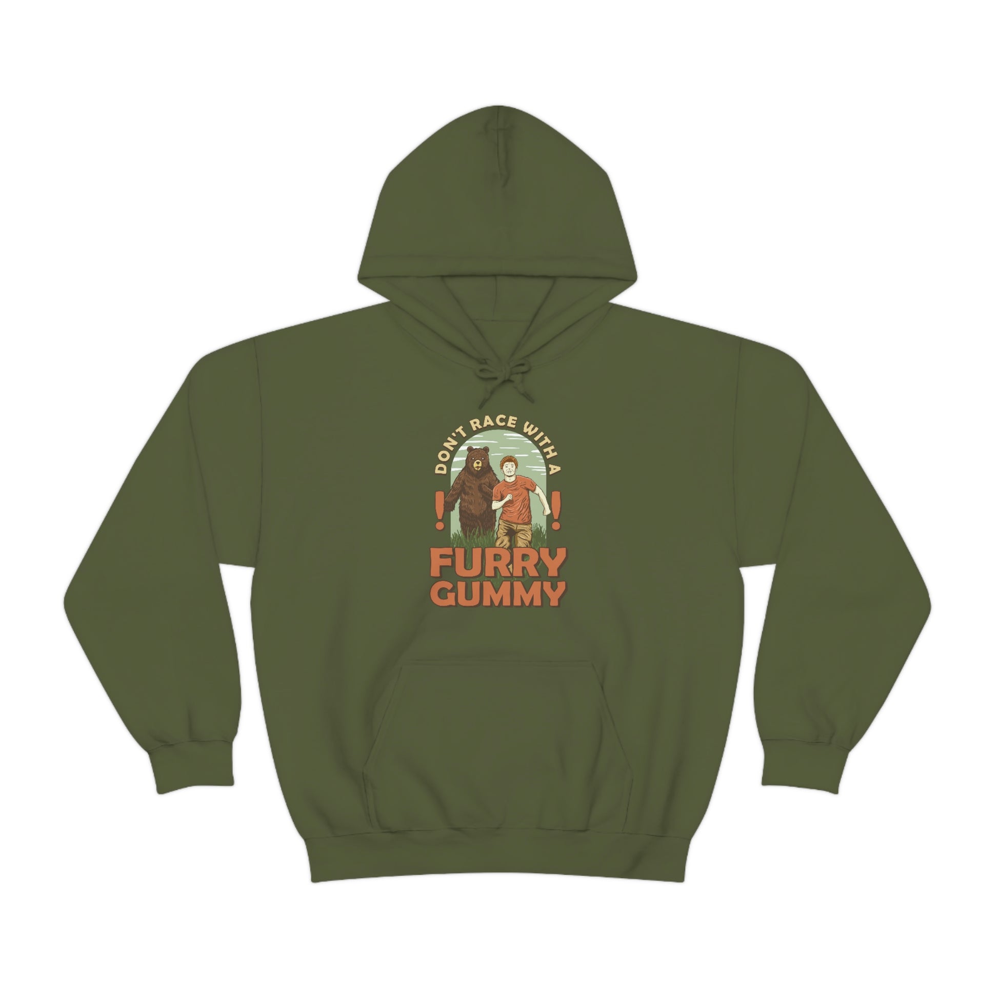 The Outdoor POD Store Funny Animal Meme Collection & Hoodie Collection. Don't Race with a Furry Gummy. Military Green