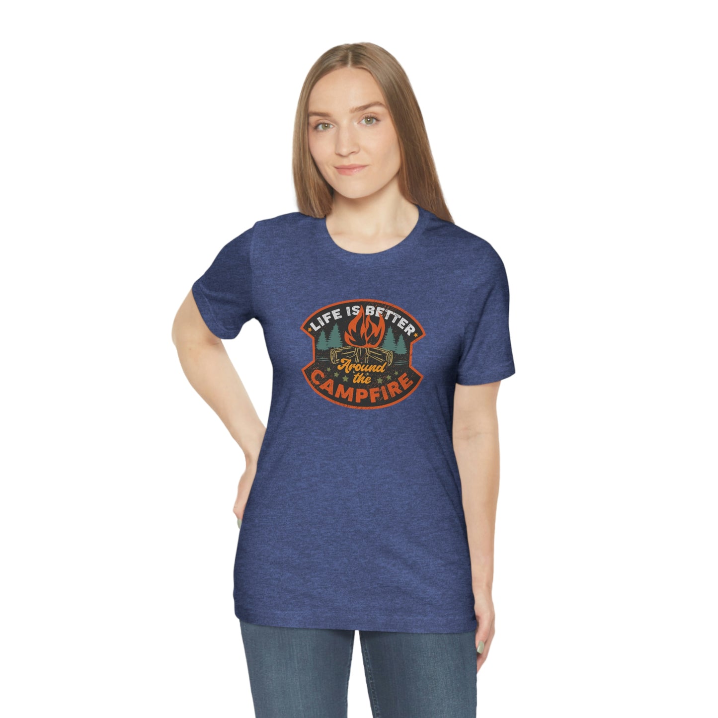 The Outdoor POD Store: Vintage Camping Tee - Life is Better Around the Campfire. Heather Royal Blue