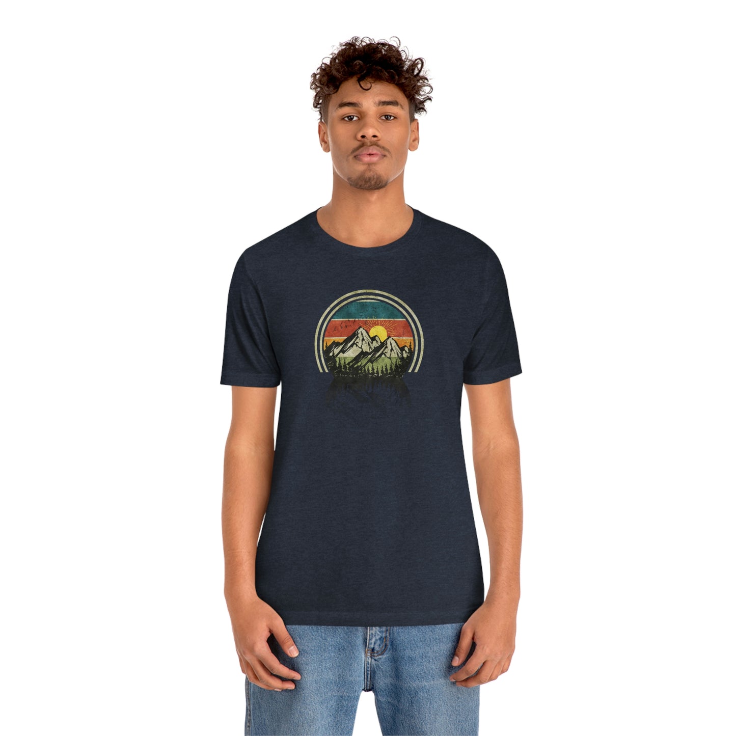 The Outdoor POD Store. Camping Tee Collection. Mountains. Heather Navy