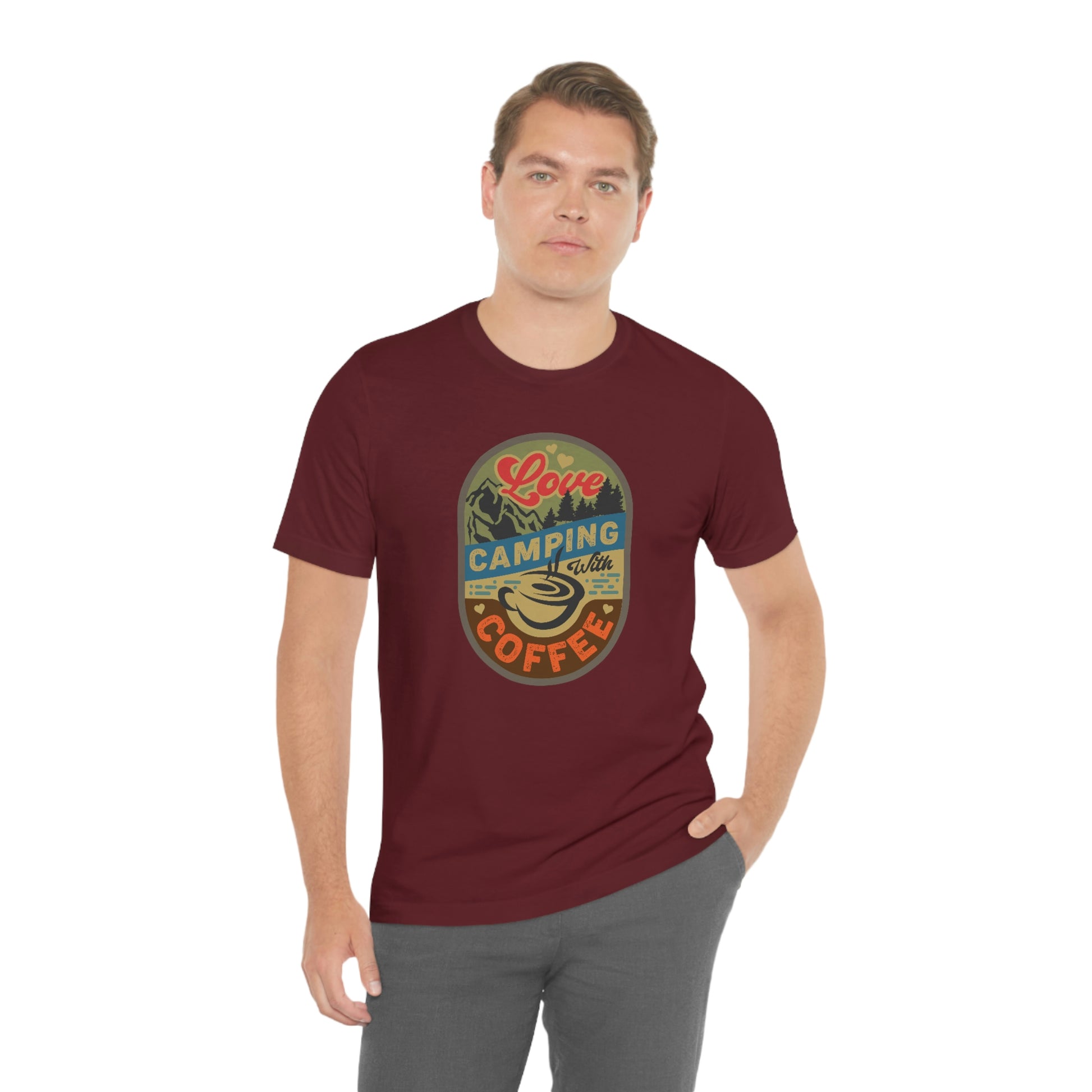 The Outdoor POD Store: Vintage Camping Tee - Love Camping with Coffee. Maroon