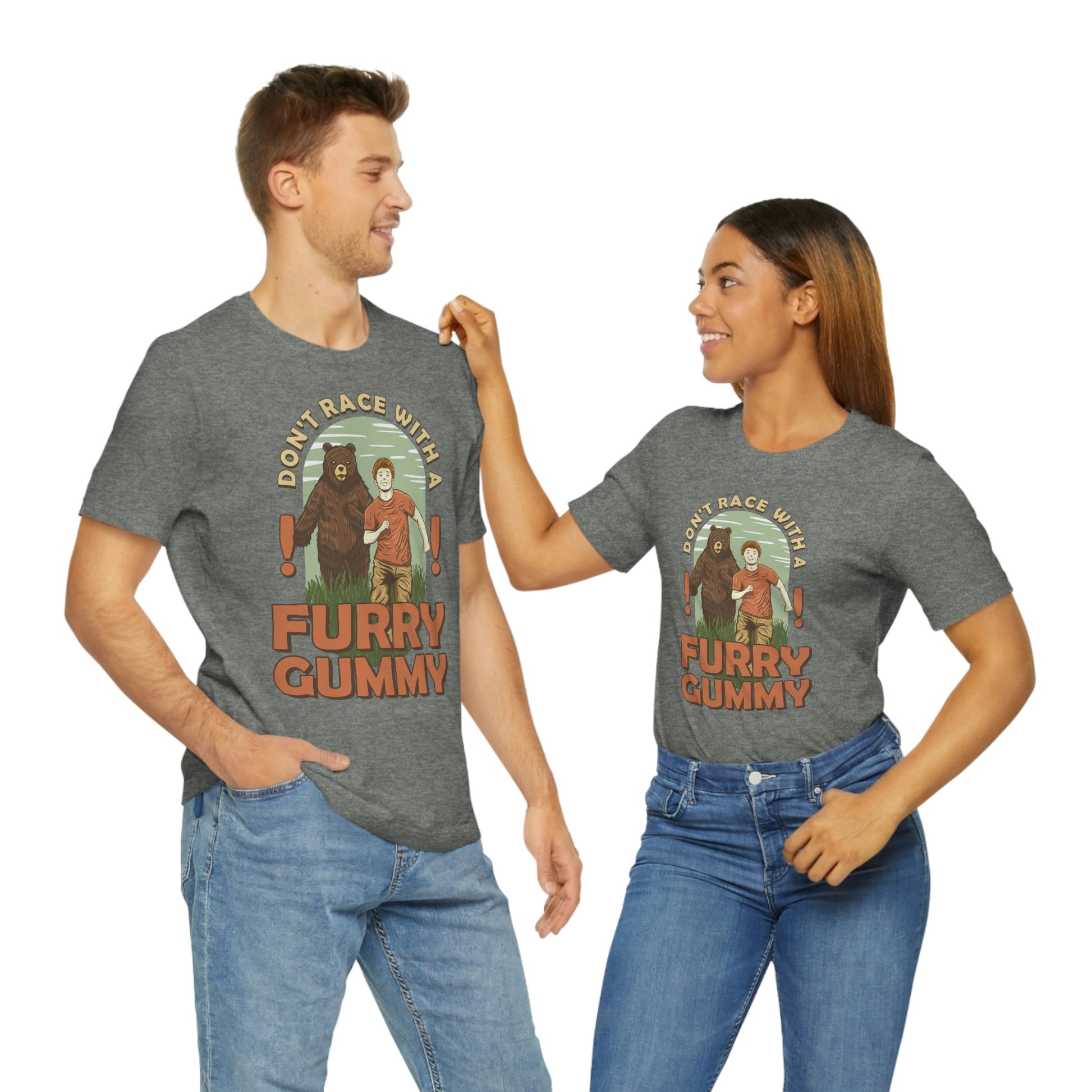 The Outdoor POD Store Funny Animal Meme Tee Collection. Don't Race with a Furry Gummy Bear. Dark Grey Heather