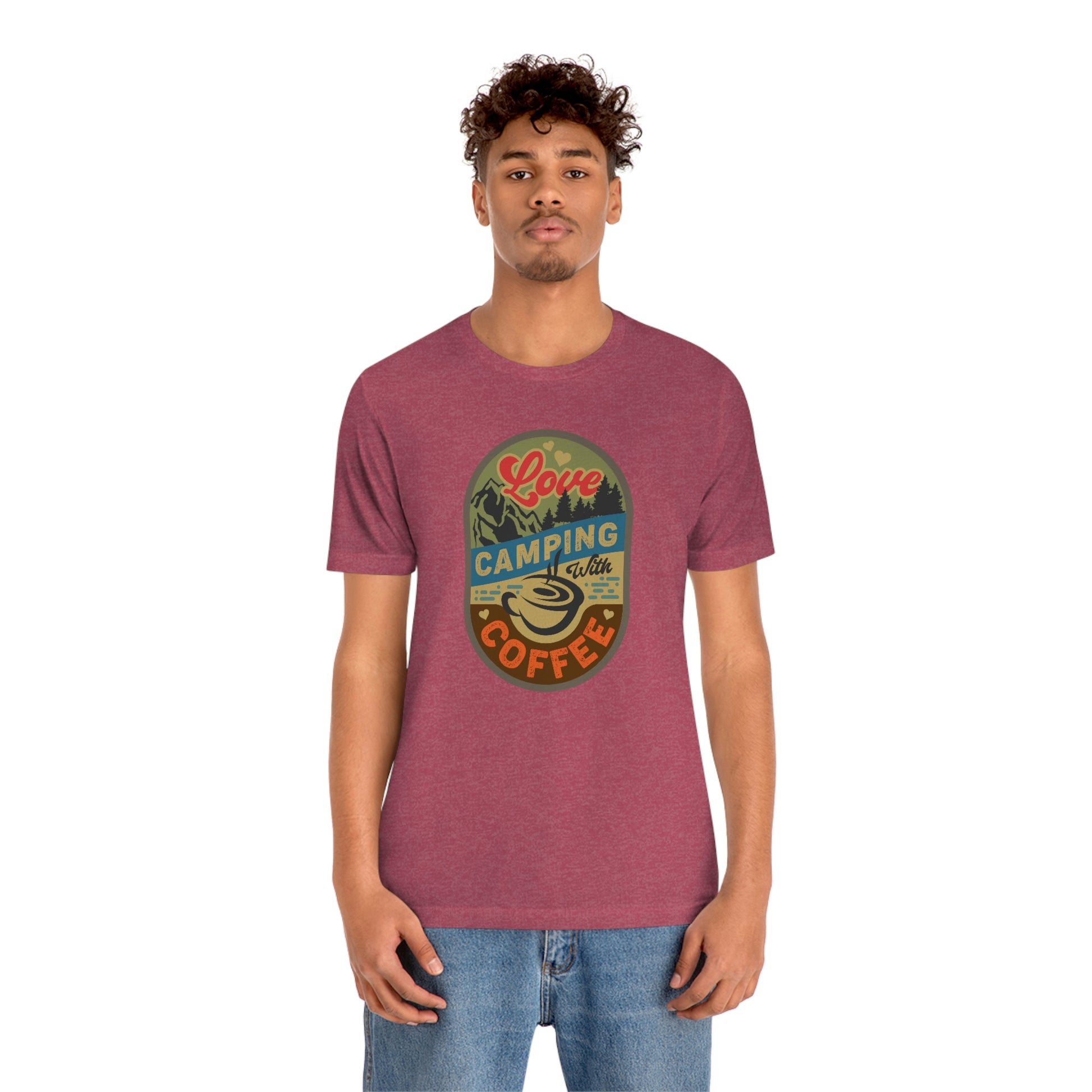 The Outdoor POD Store: Vintage Camping Tee - Love Camping with Coffee. Heather Raspberry