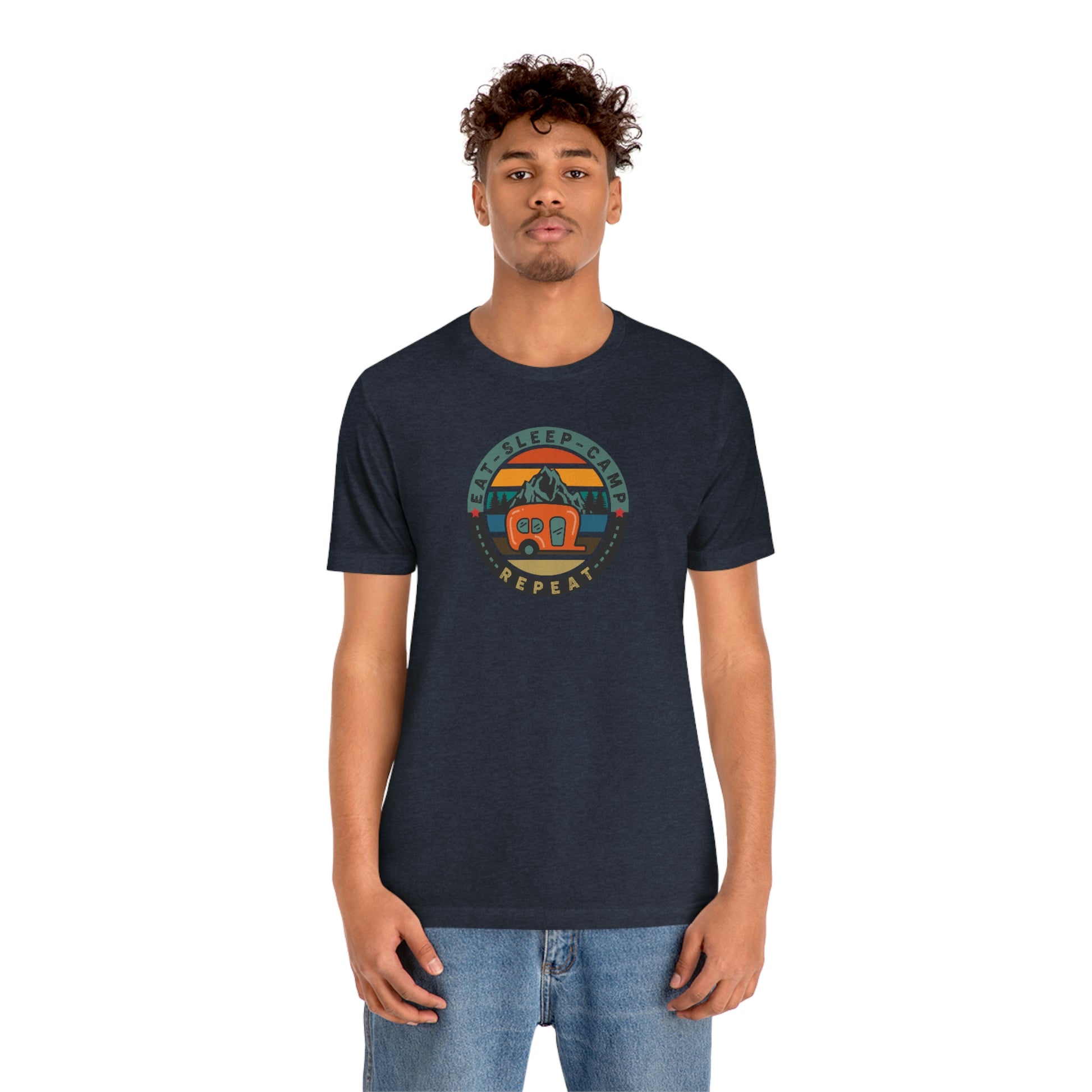 The Outdoor POD Store: Vintage Camping Tee - Eat, Sleep, Camp, Repeat. Heather Navy