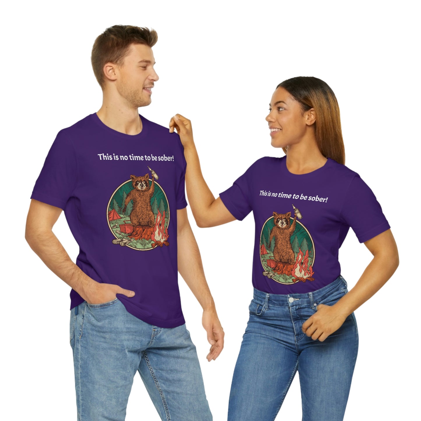 The Outdoor POD Store. This is no time to be sober raccoon campfire T-shirt.  Purple