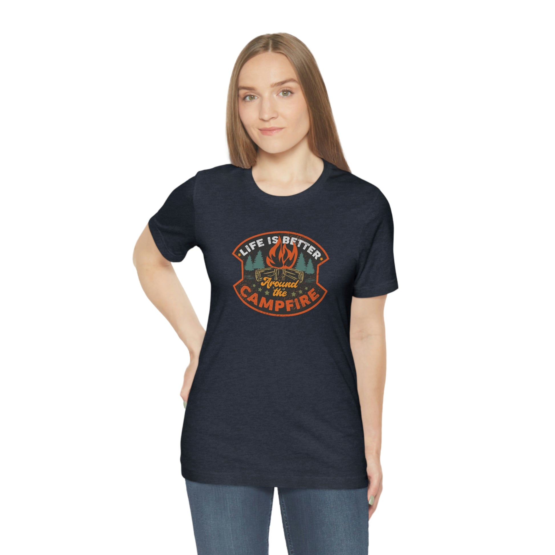 The Outdoor POD Store: Vintage Camping Tee - Life is Better Around the Campfire. Heather Navy