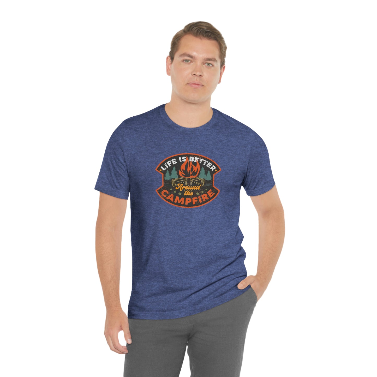 The Outdoor POD Store: Vintage Camping Tee - Life is Better Around the Campfire. Heather Royal Blue