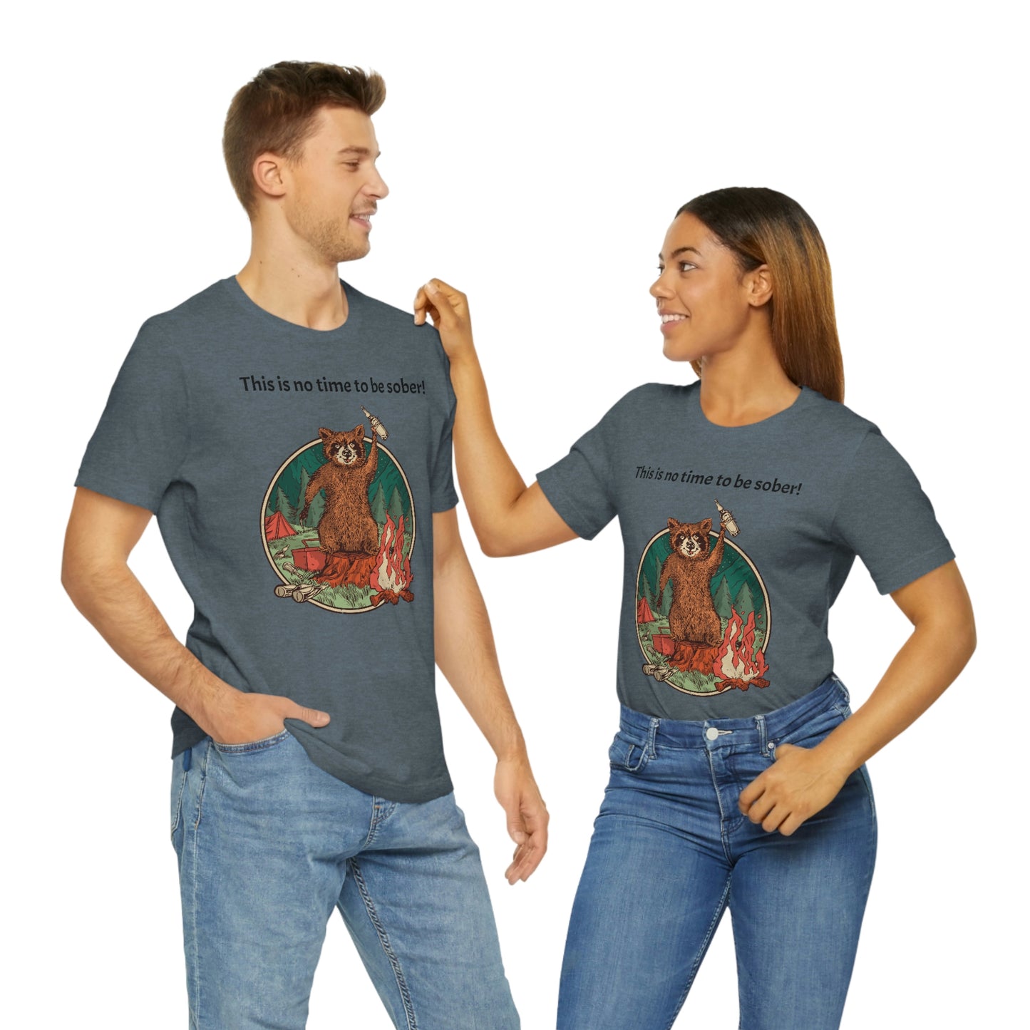 The Outdoor POD Store. This is no time to be sober raccoon campfire T-shirt.  Heather Slate Grey