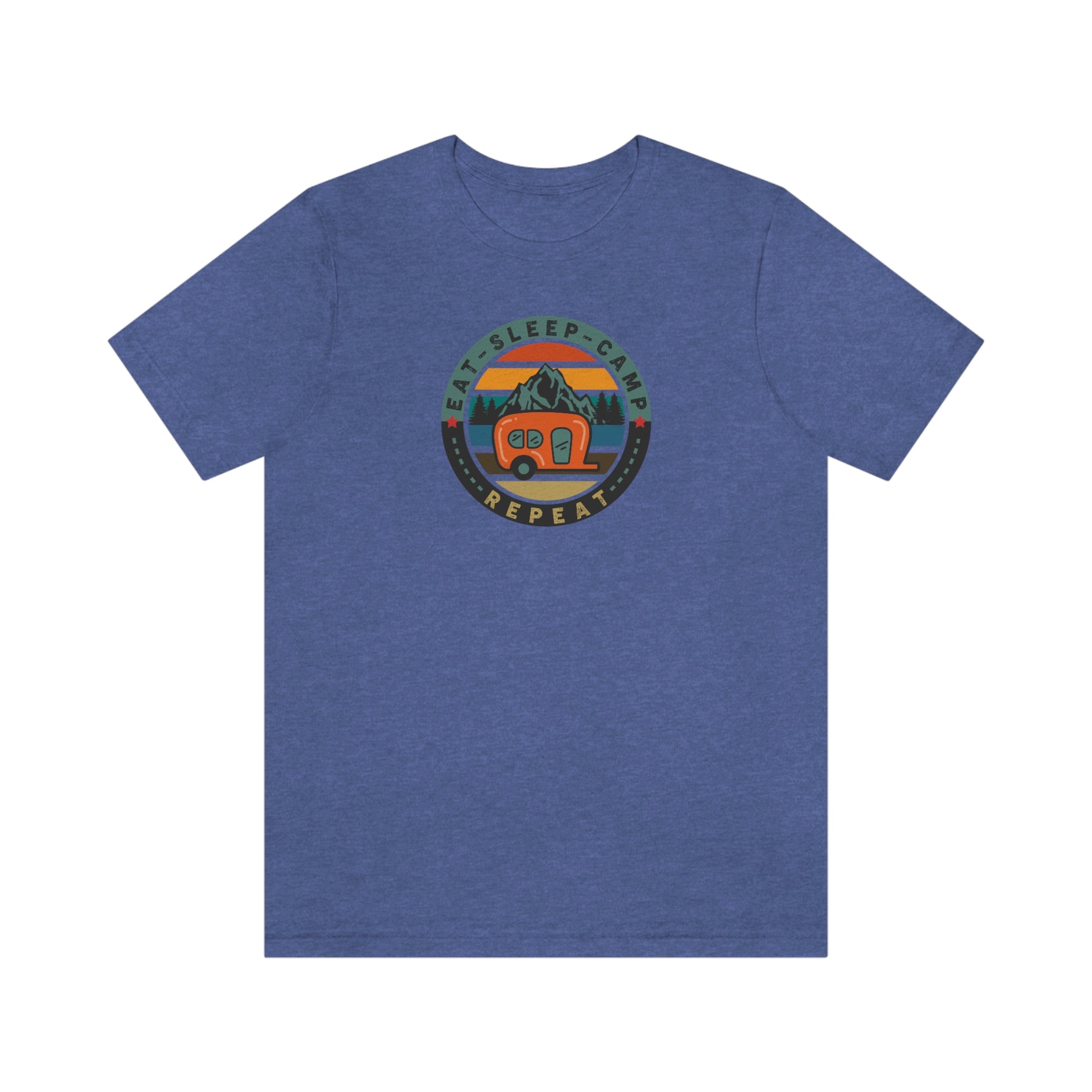 The Outdoor POD Store: Vintage Camping Tee - Eat, Sleep, Camp, Repeat. Heather Royal Blue