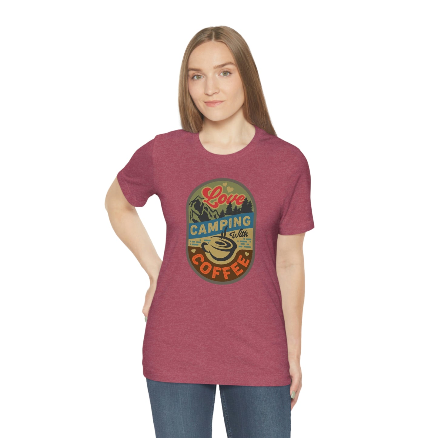 The Outdoor POD Store: Vintage Camping Tee - Love Camping with Coffee. Heather Raspberry