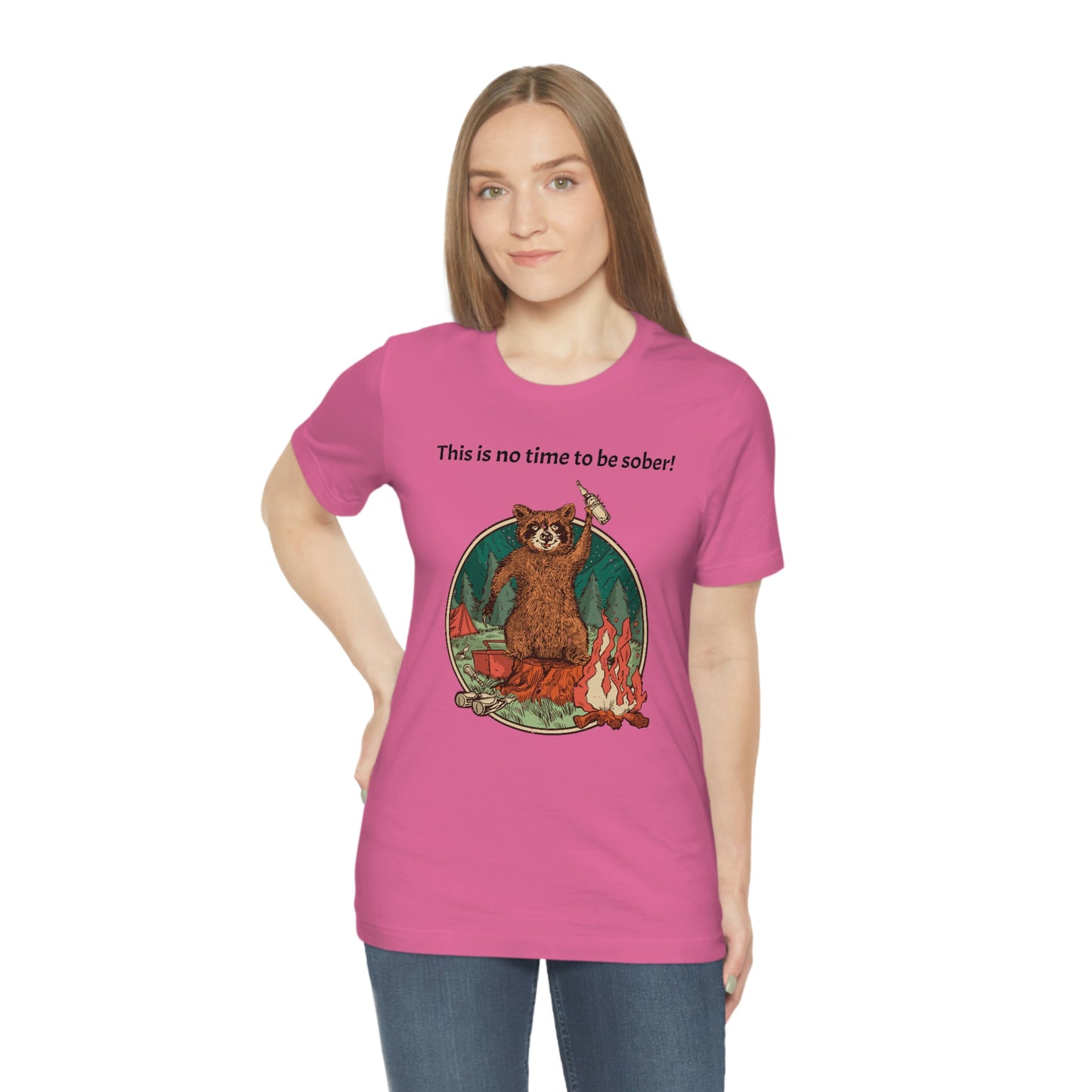 The Outdoor POD Store. This is no time to be sober raccoon campfire T-shirt.  Charity Pink