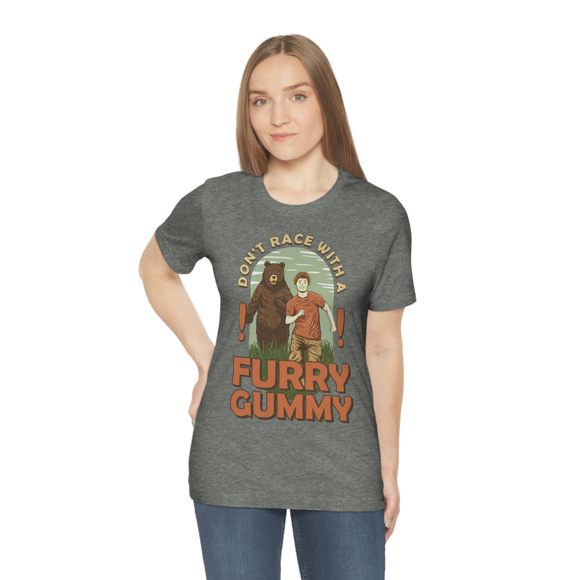 The Outdoor POD Store Funny Animal Meme Tee Collection. Don't Race with a Furry Gummy Bear. Dark Grey Heather