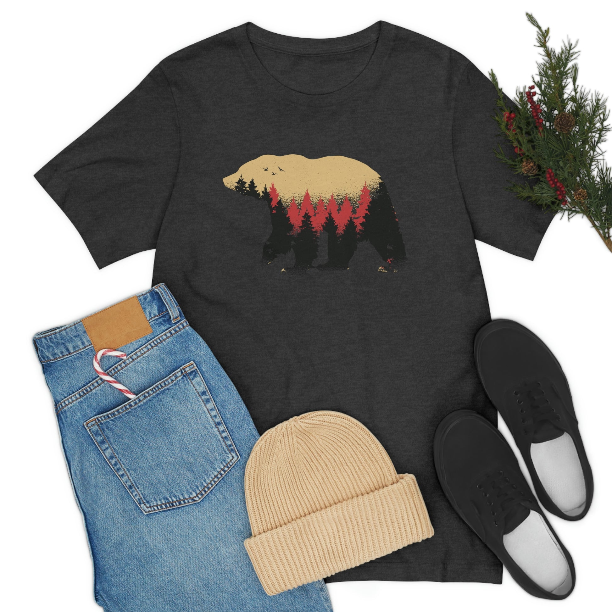 Outdoor POD Store. Camping Tee Collection. Bear Silhouette. Dark Grey Heather