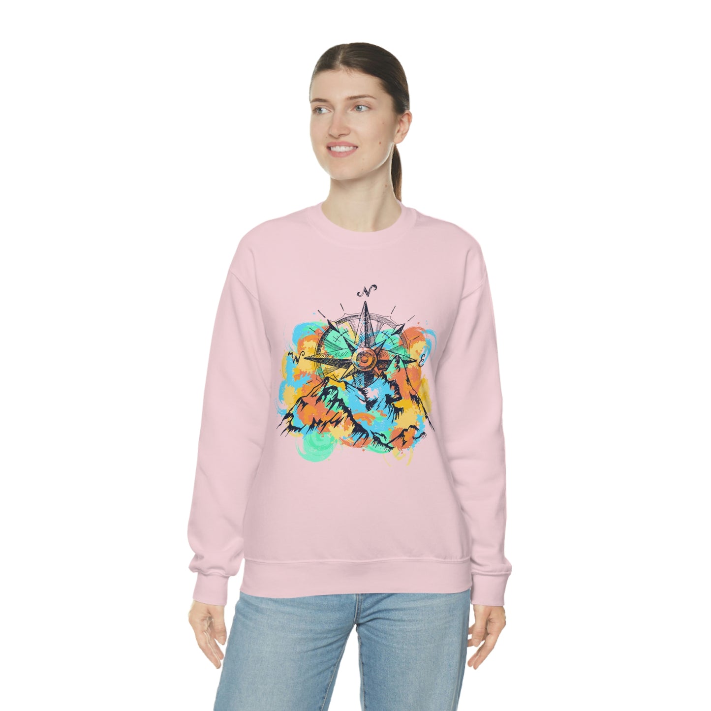 Light pink Camping Sweater. Pastel color mountains and compass light pink sweater