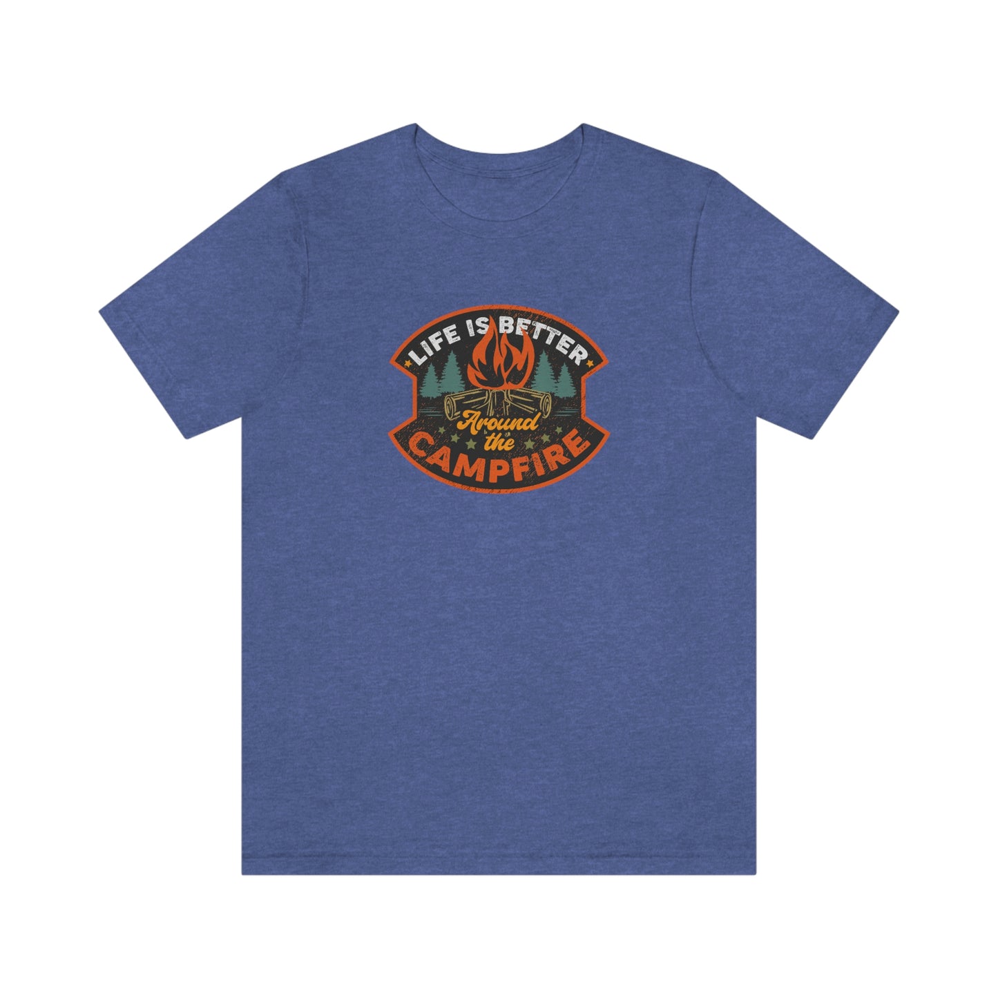 The Outdoor POD Store: Vintage Camping Tee - Life is Better Around the Campfire. Heather Royal Blue