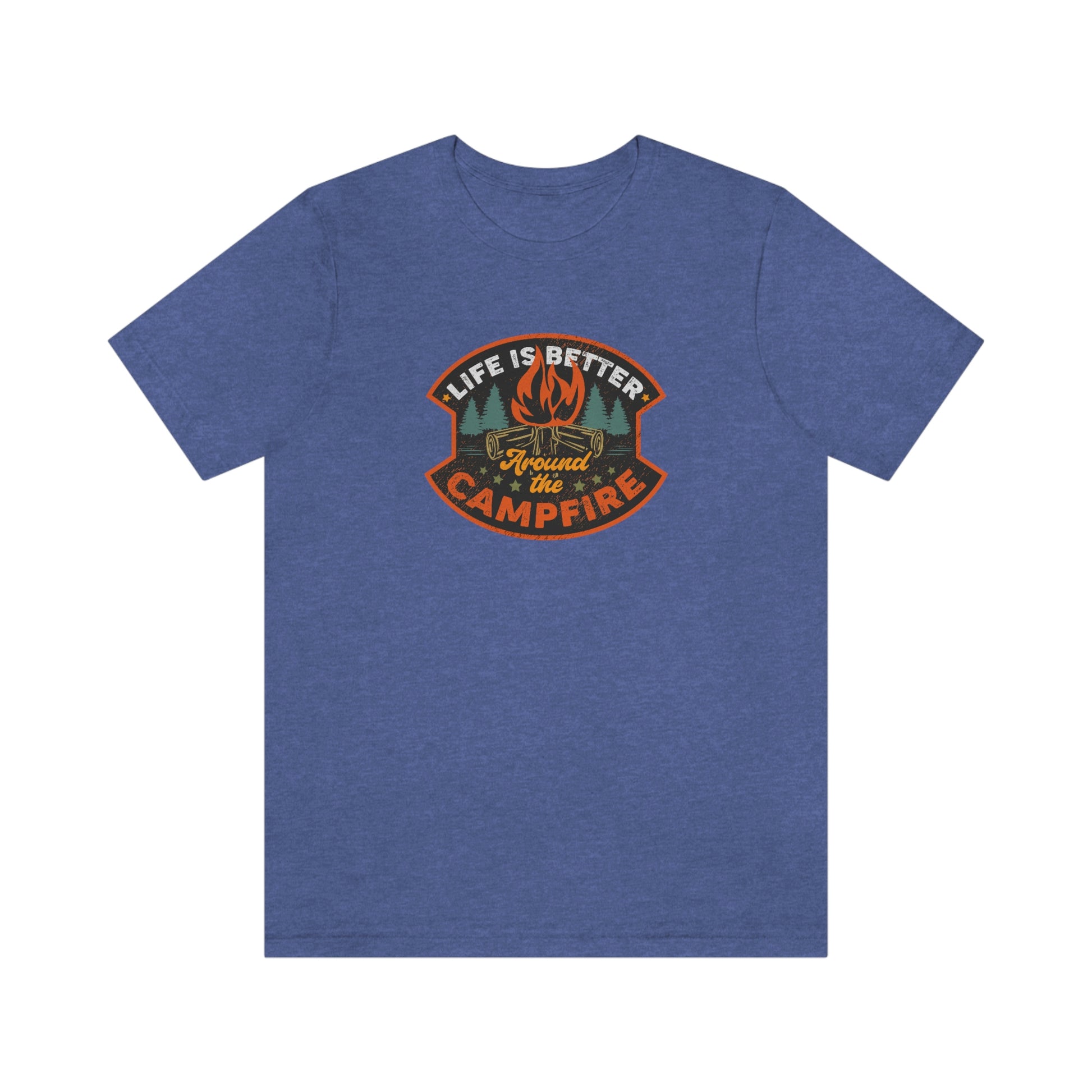 The Outdoor POD Store: Vintage Camping Tee - Life is Better Around the Campfire. Heather Royal Blue