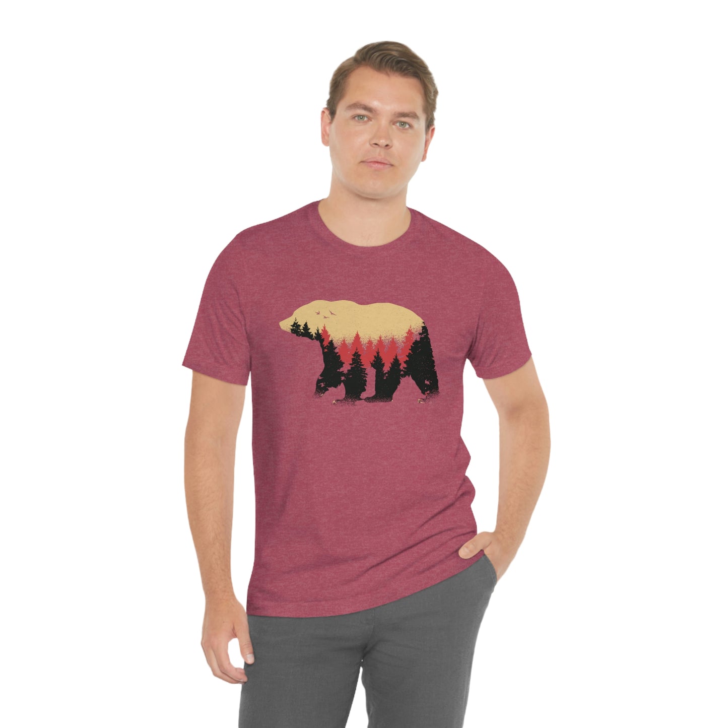 Outdoor POD Store. Camping Tee Collection. Bear Silhouette. Heather Raspberry