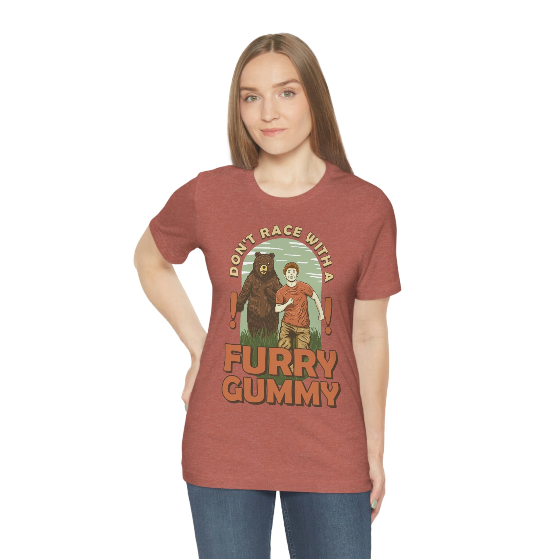 The Outdoor POD Store Funny Animal Meme Tee Collection. Don't Race with a Furry Gummy Bear. Heather Clay