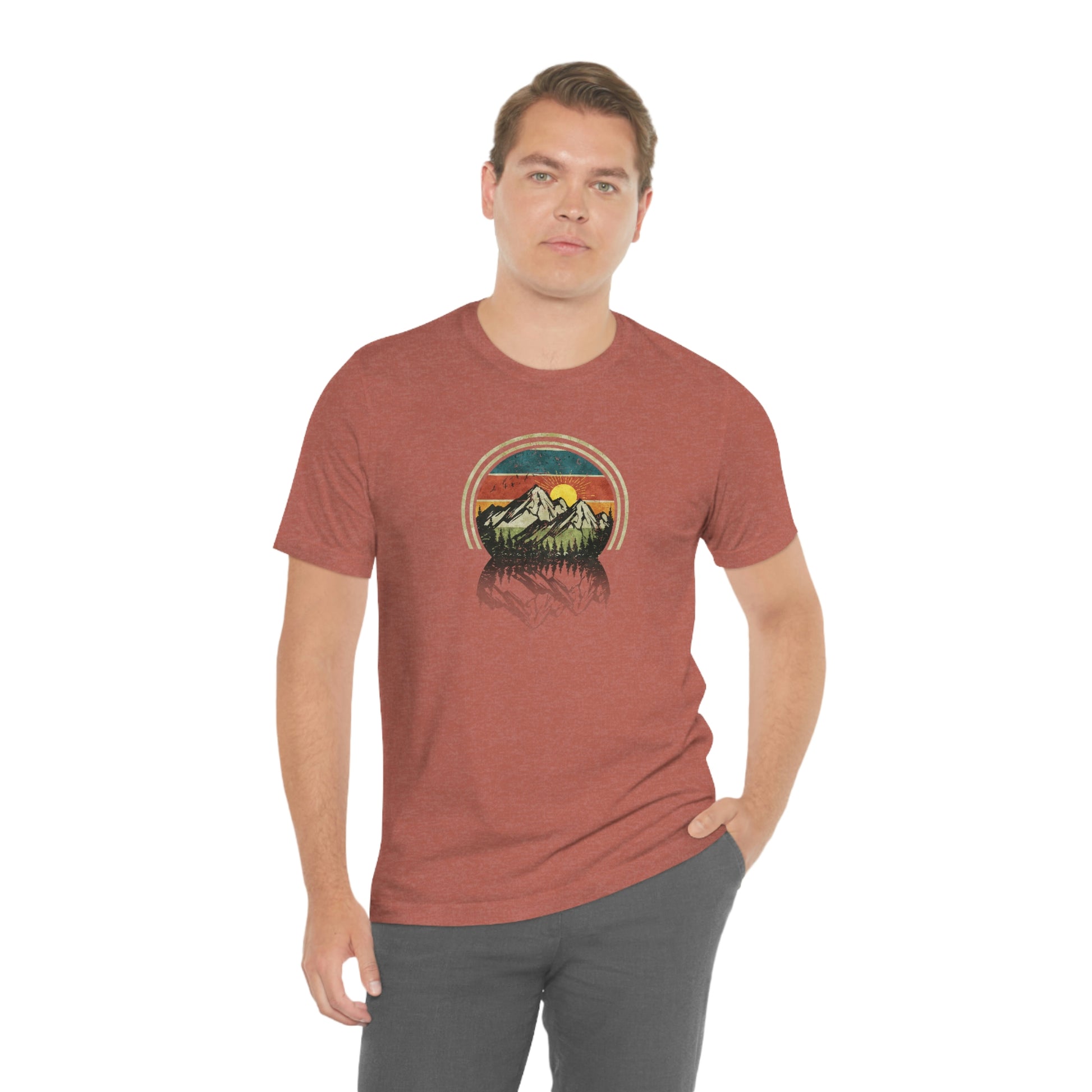 The Outdoor POD Store. Camping Tee Collection. Mountains. Heather Clay