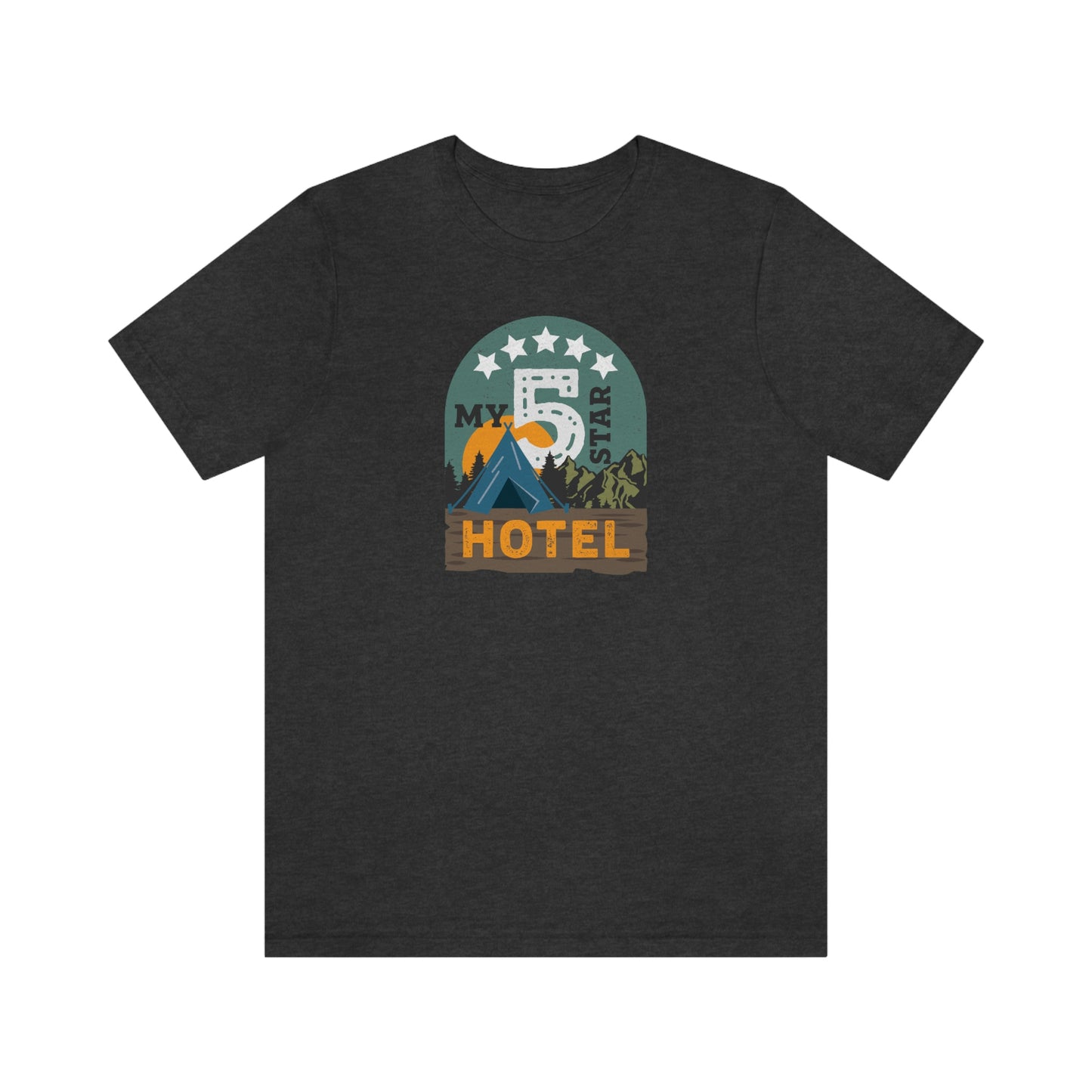 The Outdoor POD Store: Vintage Camping Tee - My Five Star Hotel is a Tent. Dark Heather Grey