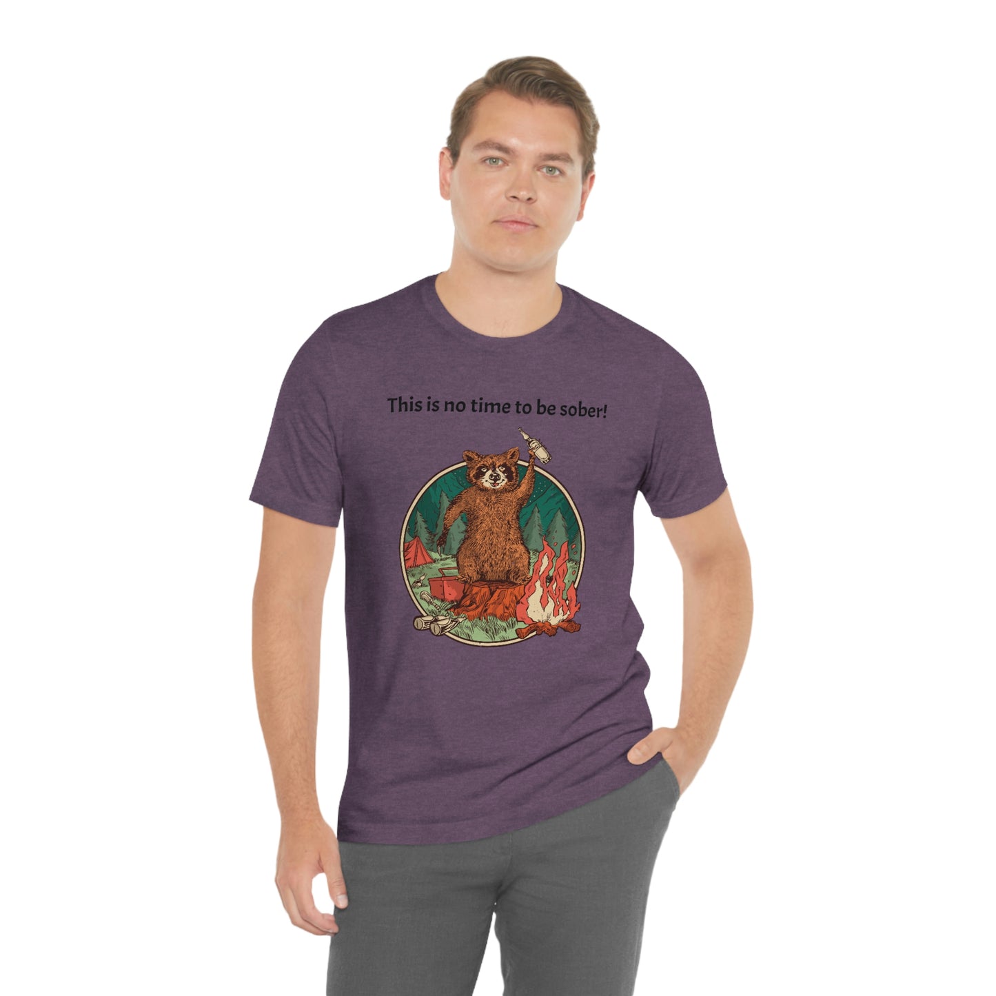 The Outdoor POD Store. This is no time to be sober raccoon campfire T-shirt.  Heather Purple