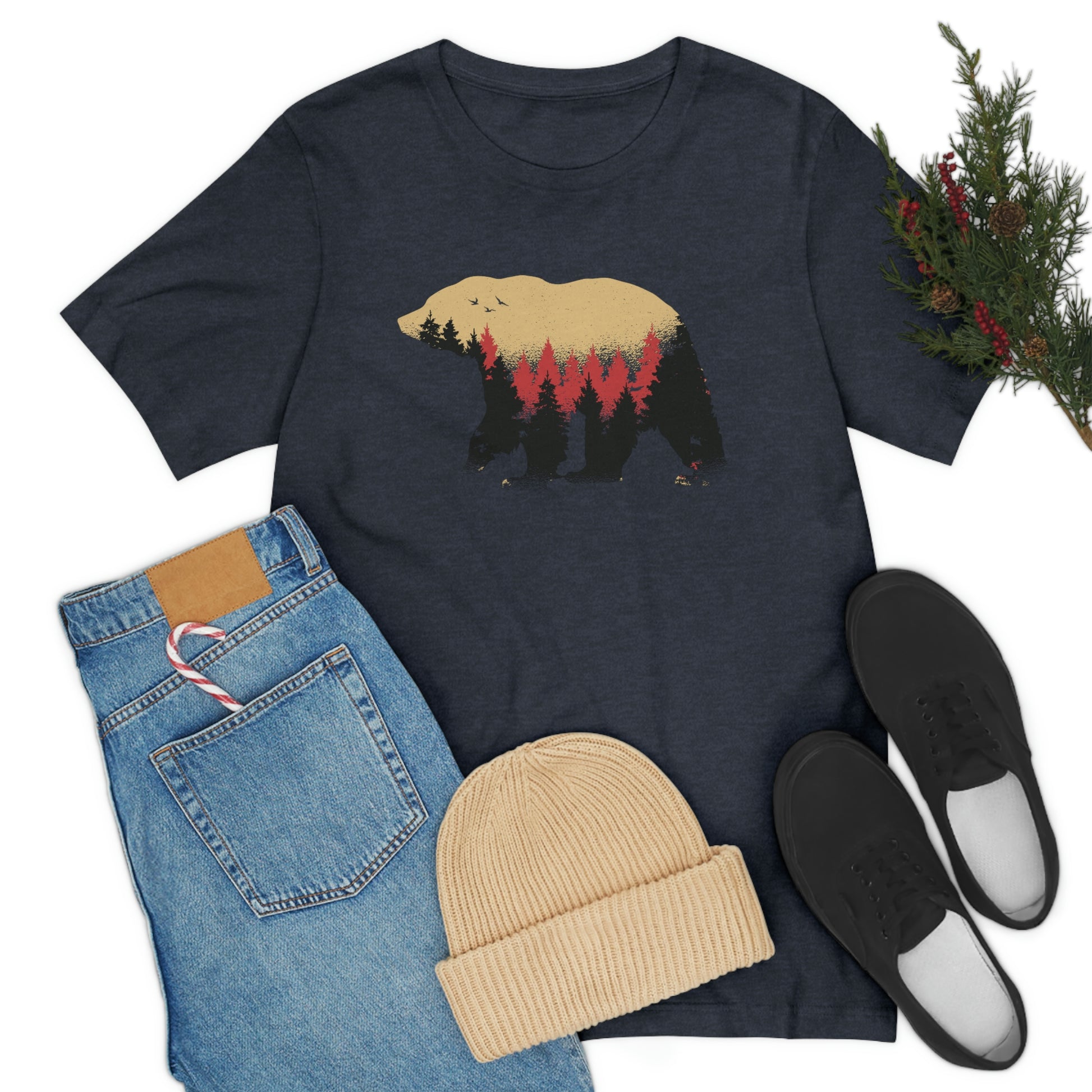 Outdoor POD Store. Camping Tee Collection. Bear Silhouette. Heather Navy