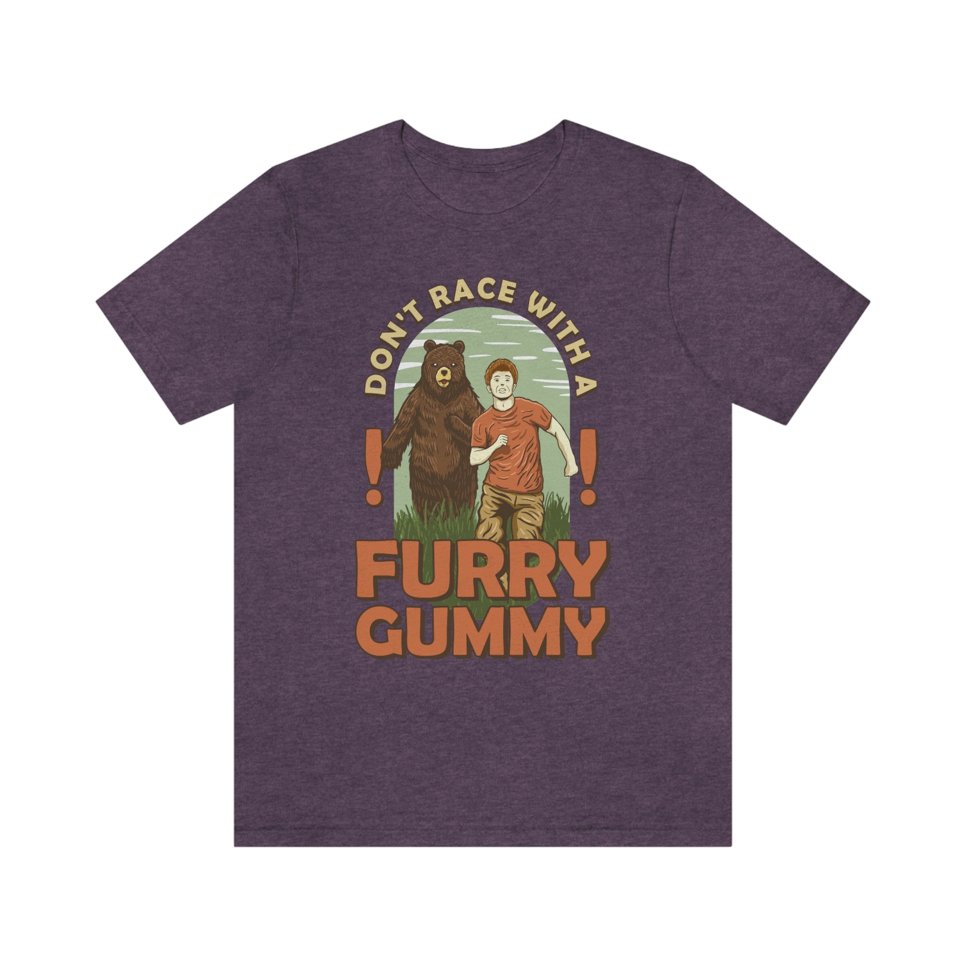 The Outdoor POD Store Funny Animal Meme Tee Collection. Don't Race with a Furry Gummy Bear. Heather Team Purple