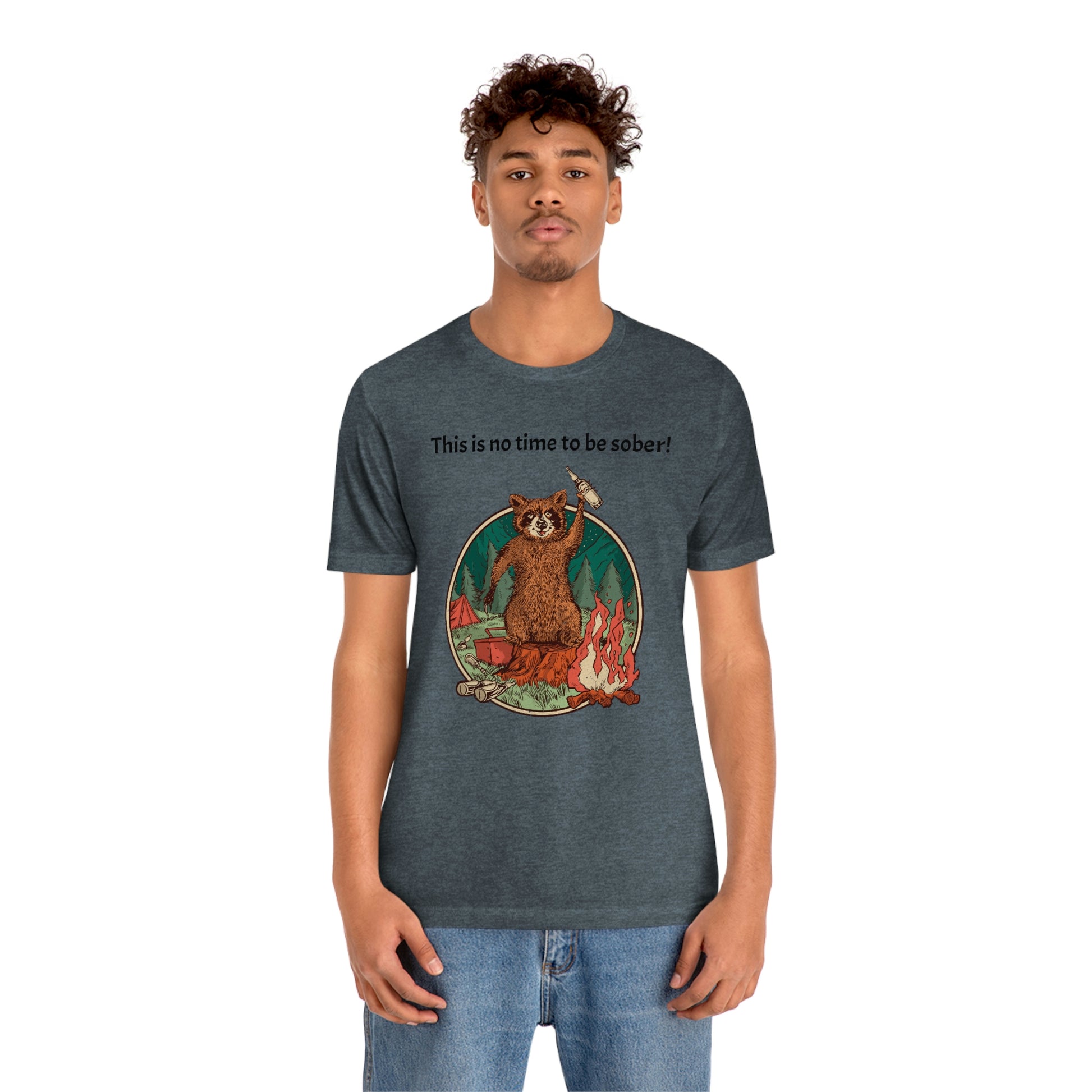 The Outdoor POD Store. This is no time to be sober raccoon campfire T-shirt.  Heather Slate Grey