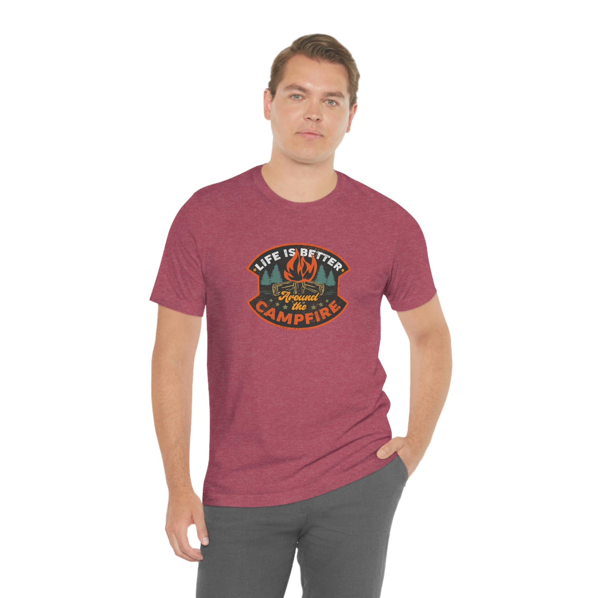 The Outdoor POD Store: Vintage Camping Tee - Life is Better Around the Campfire. Heather Raspberry