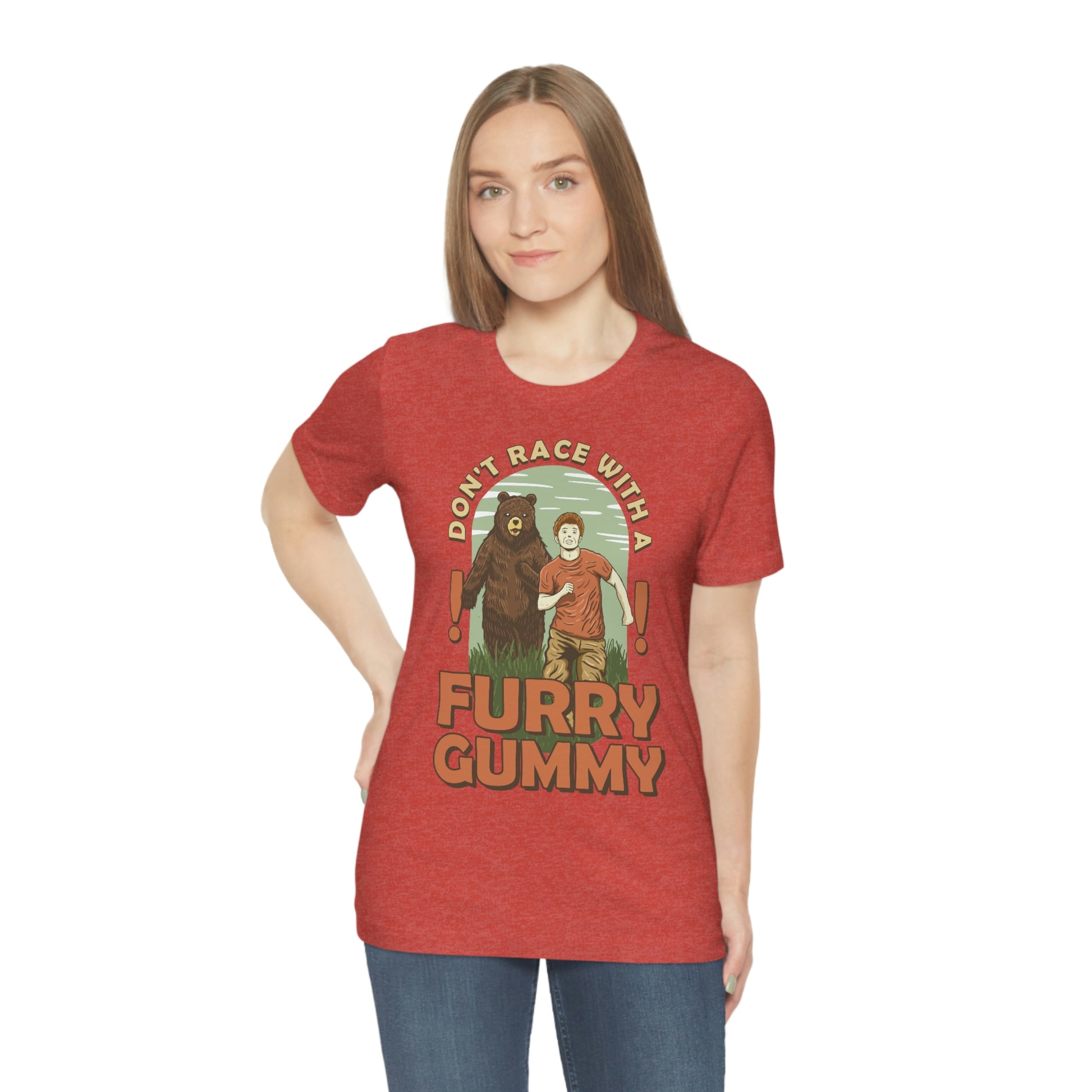 The Outdoor POD Store Funny Animal Meme Tee Collection. Don't Race with a Furry Gummy Bear. Heather Red