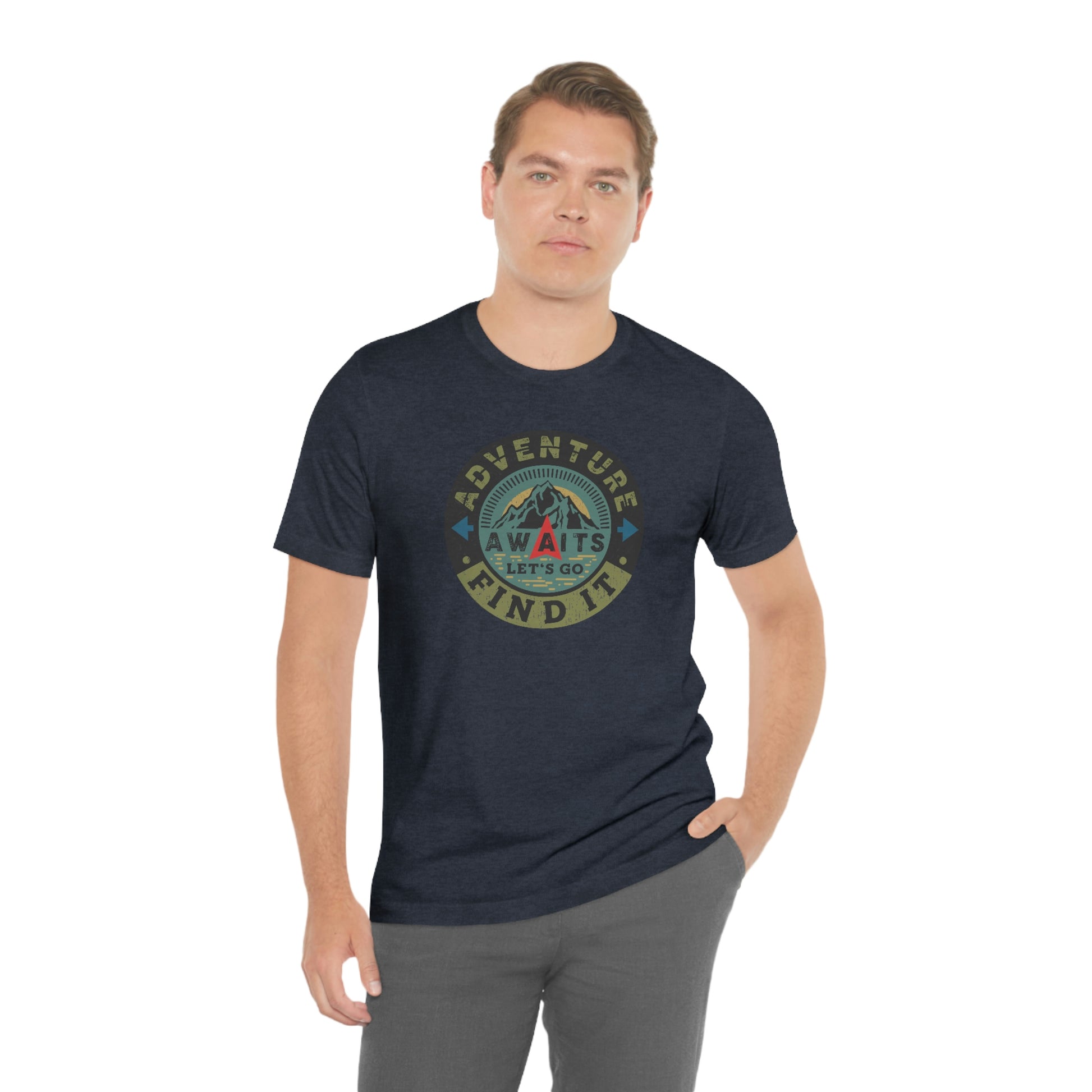 The Outdoor POD Store: Vintage Camping Tee Collection - Adventure Awaits Let's Go Find It. Heather Navy