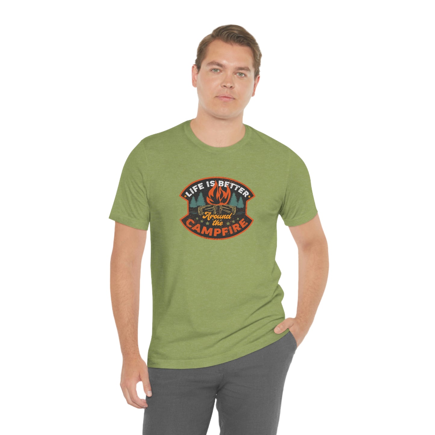 The Outdoor POD Store: Vintage Camping Tee - Life is Better Around the Campfire. Heather Green