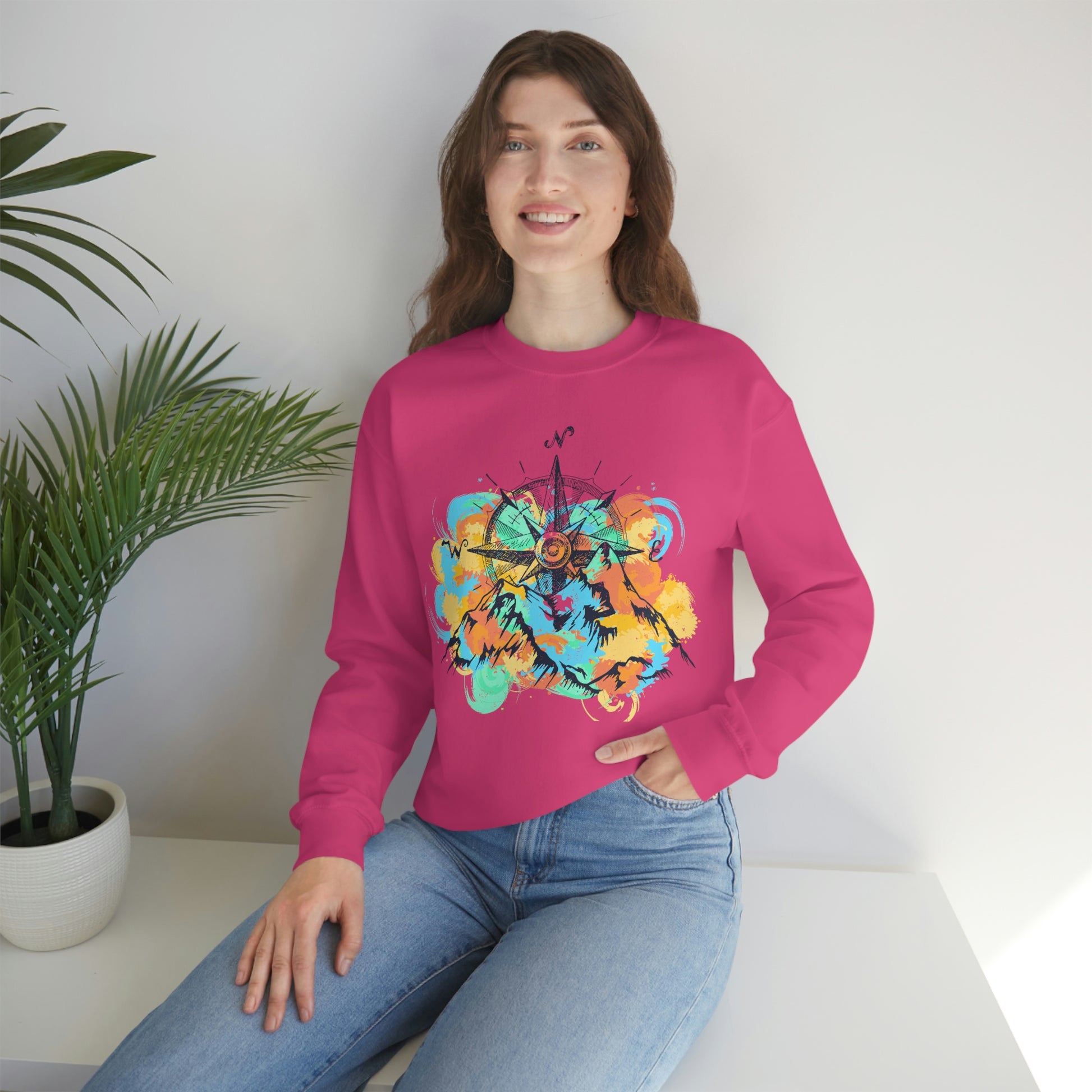 Pink Camping Sweater. Pastel color mountains and compass pink sweater