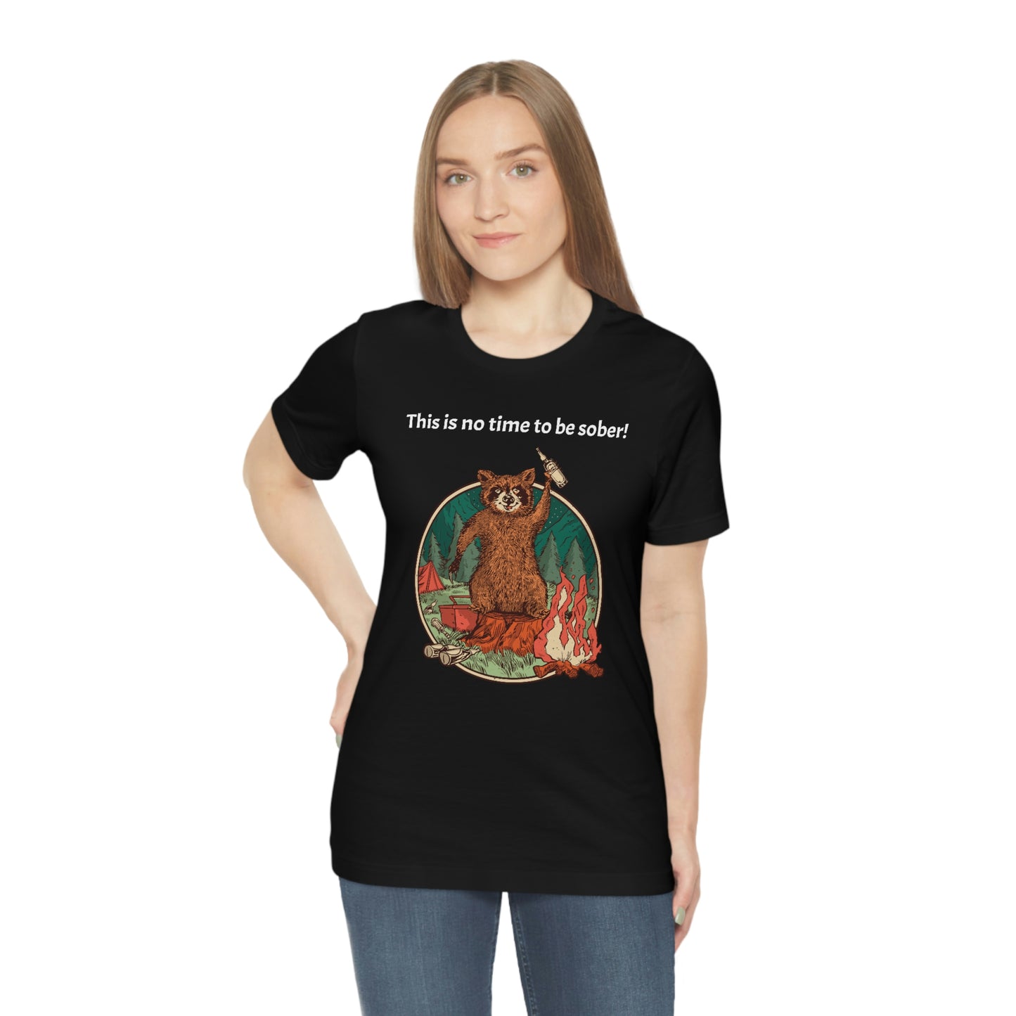 The Outdoor POD Store. This is no time to be sober raccoon campfire T-shirt. Black