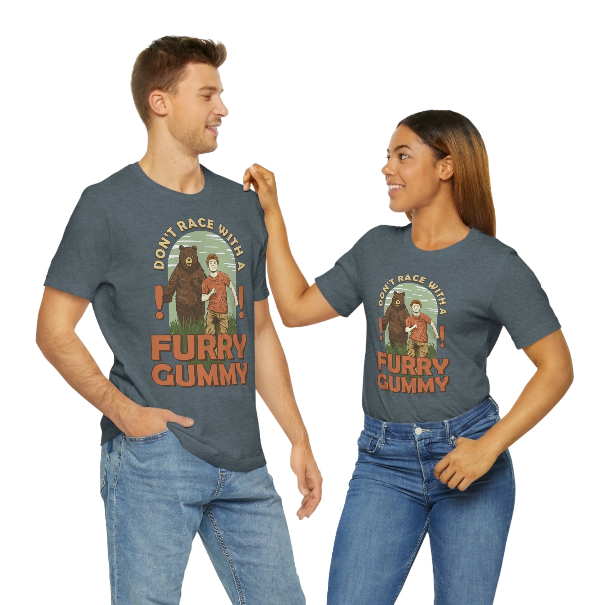 The Outdoor POD Store Funny Animal Meme Tee Collection. Don't Race with a Furry Gummy Bear. Heather Slate