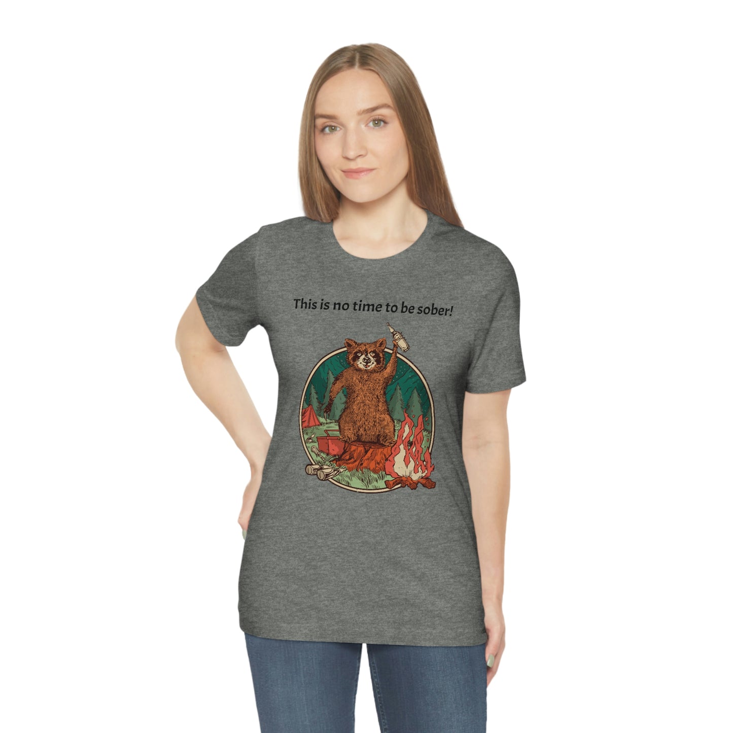 The Outdoor POD Store. This is no time to be sober raccoon campfire T-shirt. Deep Heather Grey