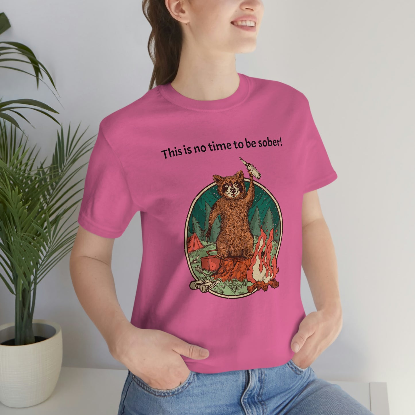 The Outdoor POD Store. This is no time to be sober raccoon campfire T-shirt.  Charity Pink